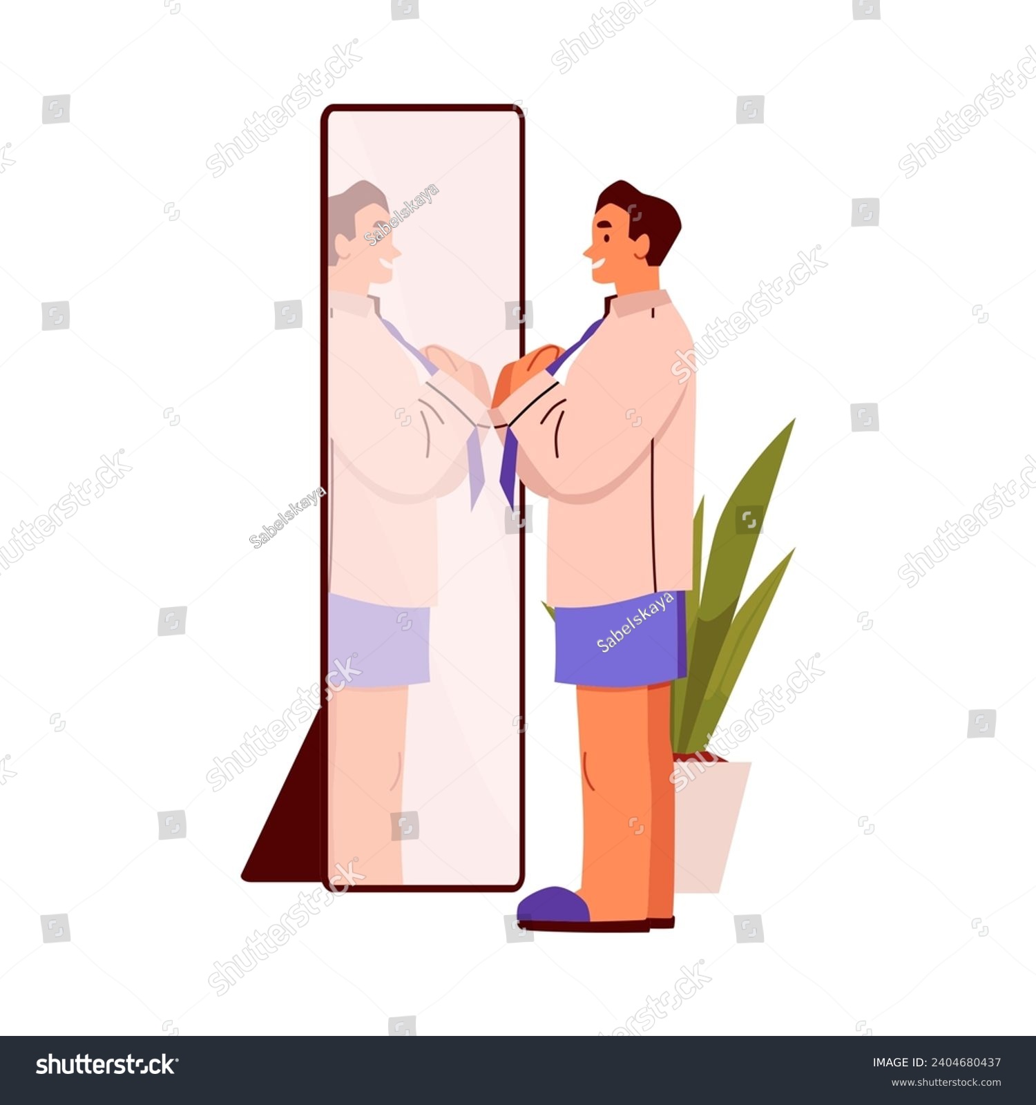SVG of Man tying a tie stands in front of a mirror, flat cartoon vector illustration isolated on white background. Man gets dressed before work or wedding event. svg