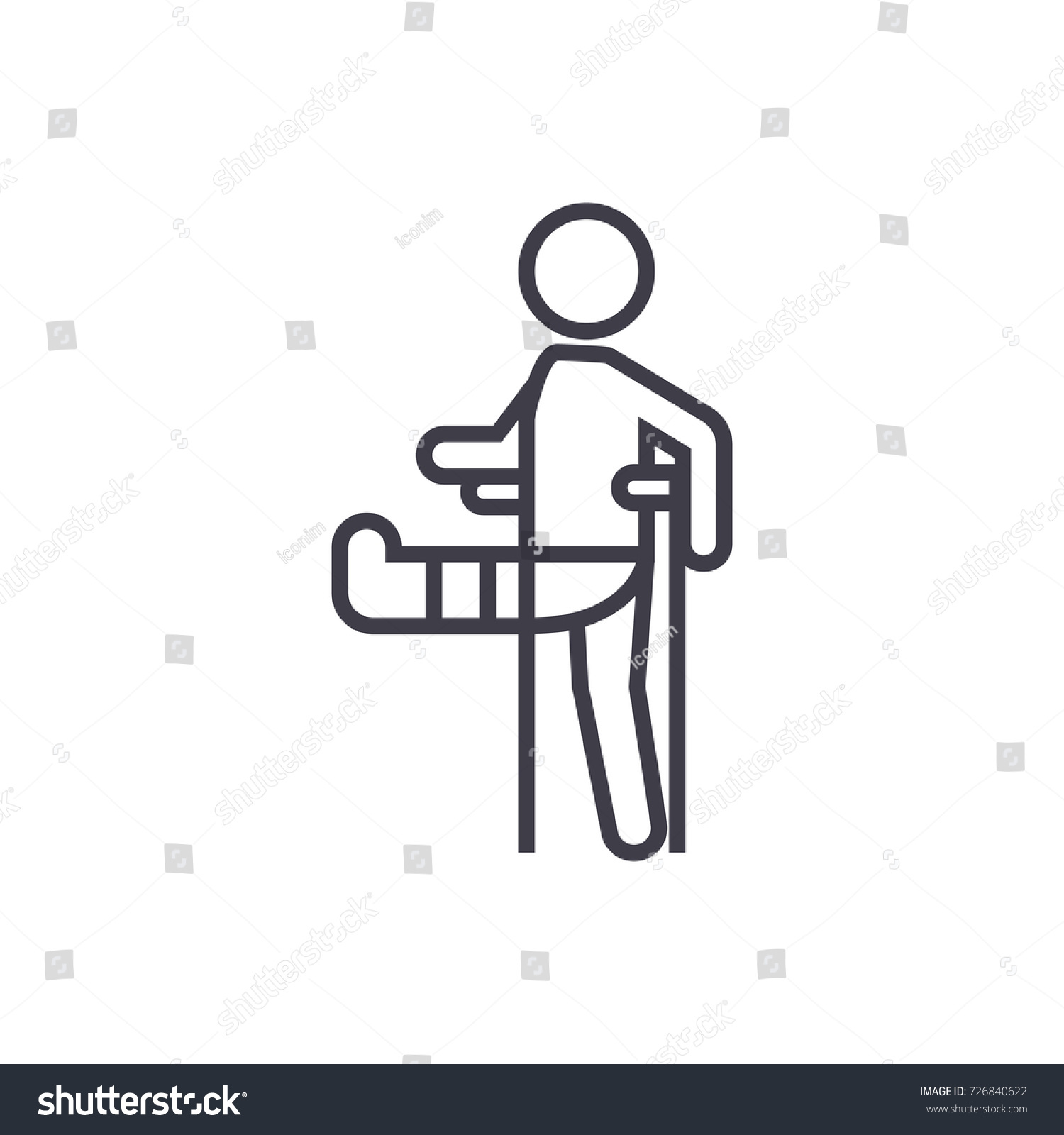 SVG of man with broken leg,gypsum foot crutch vector line icon, sign, illustration on background, editable strokes svg