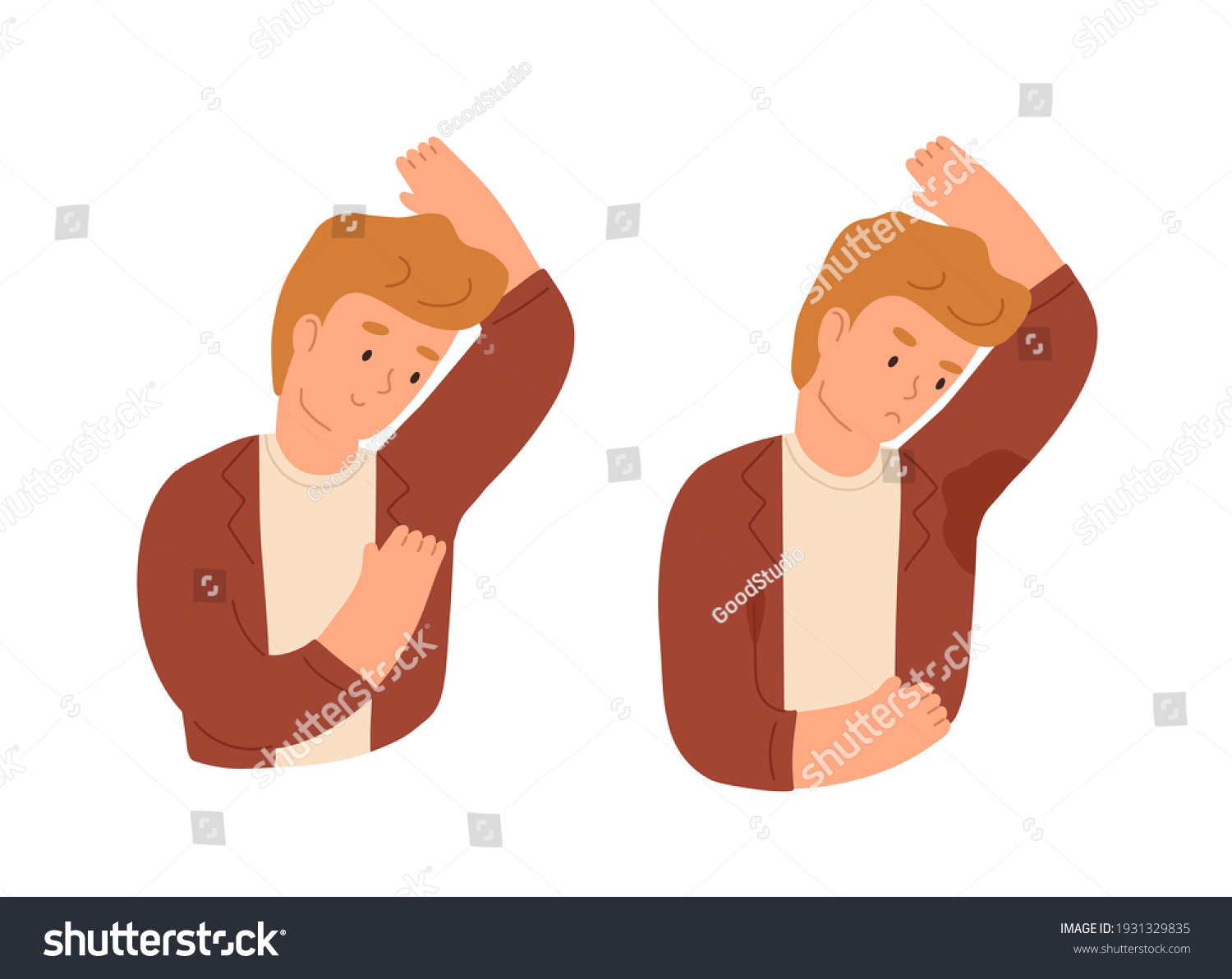 SVG of Man with smelly and sweaty armpits and sweat odor. Person with hyperhidrosis. Good and bad smell from arm pits. Hygiene concept. Colored flat cartoon vector illustration isolated on white background svg
