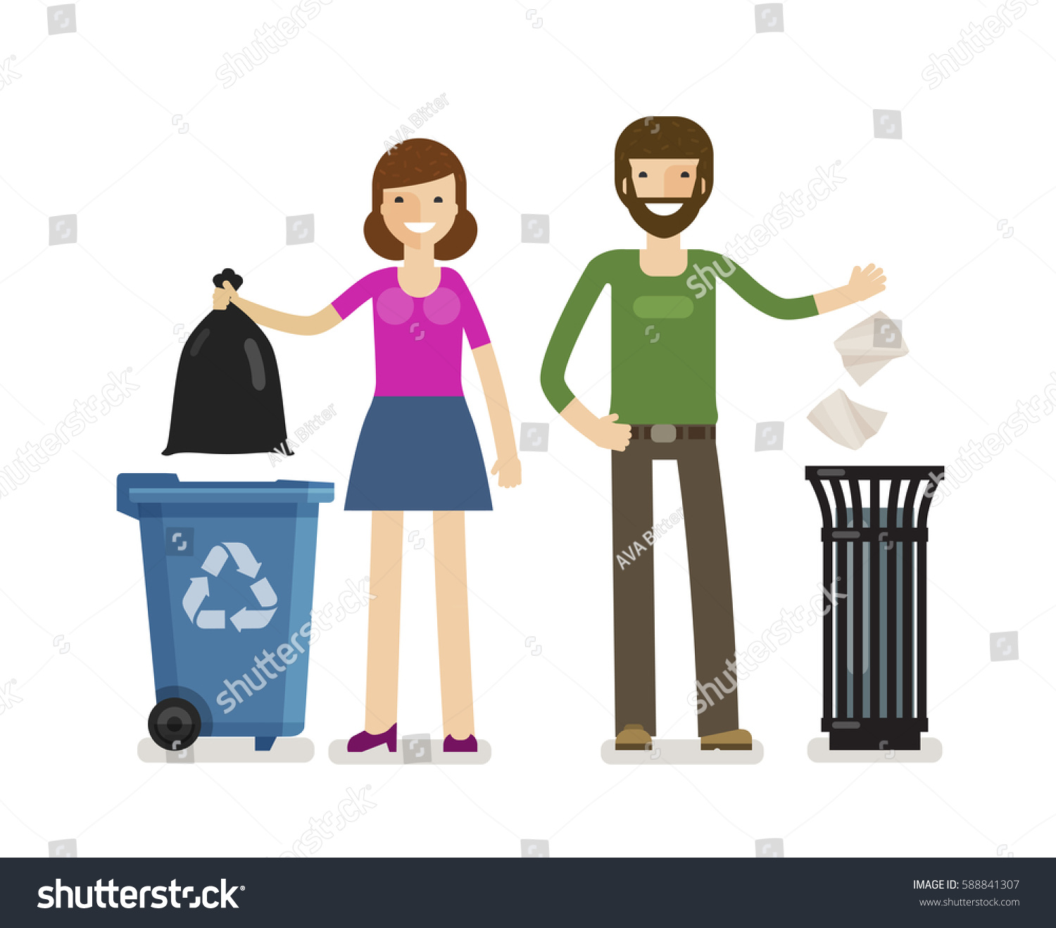 Man Woman Throws Garbage Trash Can Stock Vector Royalty Free
