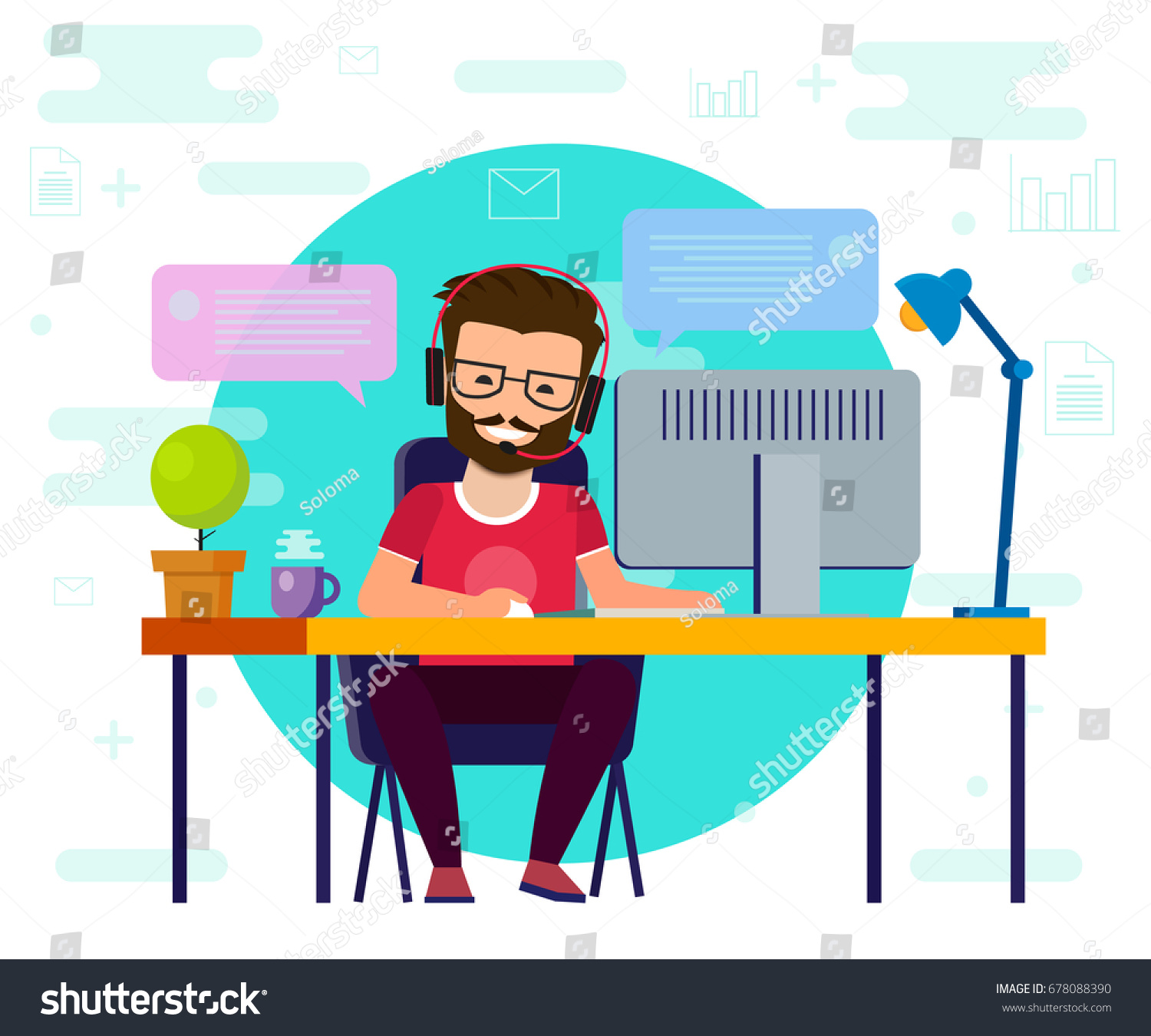 Man Working On Computer Work Desk Stock Vector Royalty Free