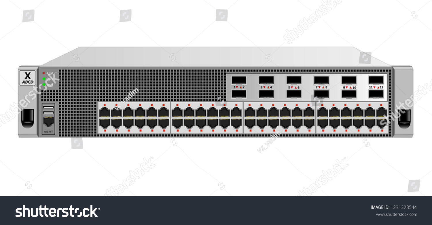 SVG of Managed 2U Ethernet switch for mounting with a 19-inch rack with 48 ethernet and 12 optical ports. Color silver, size 2u. Vector illustration. svg