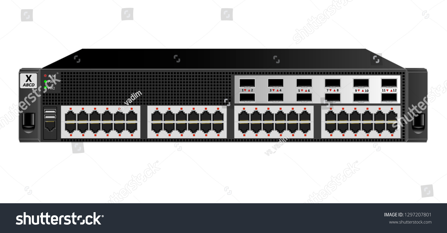 SVG of Managed 2U Ethernet switch for mounting with a 19-inch rack with 48 ethernet and 12 optical ports. Black colour, size 2u. Vector illustration. svg