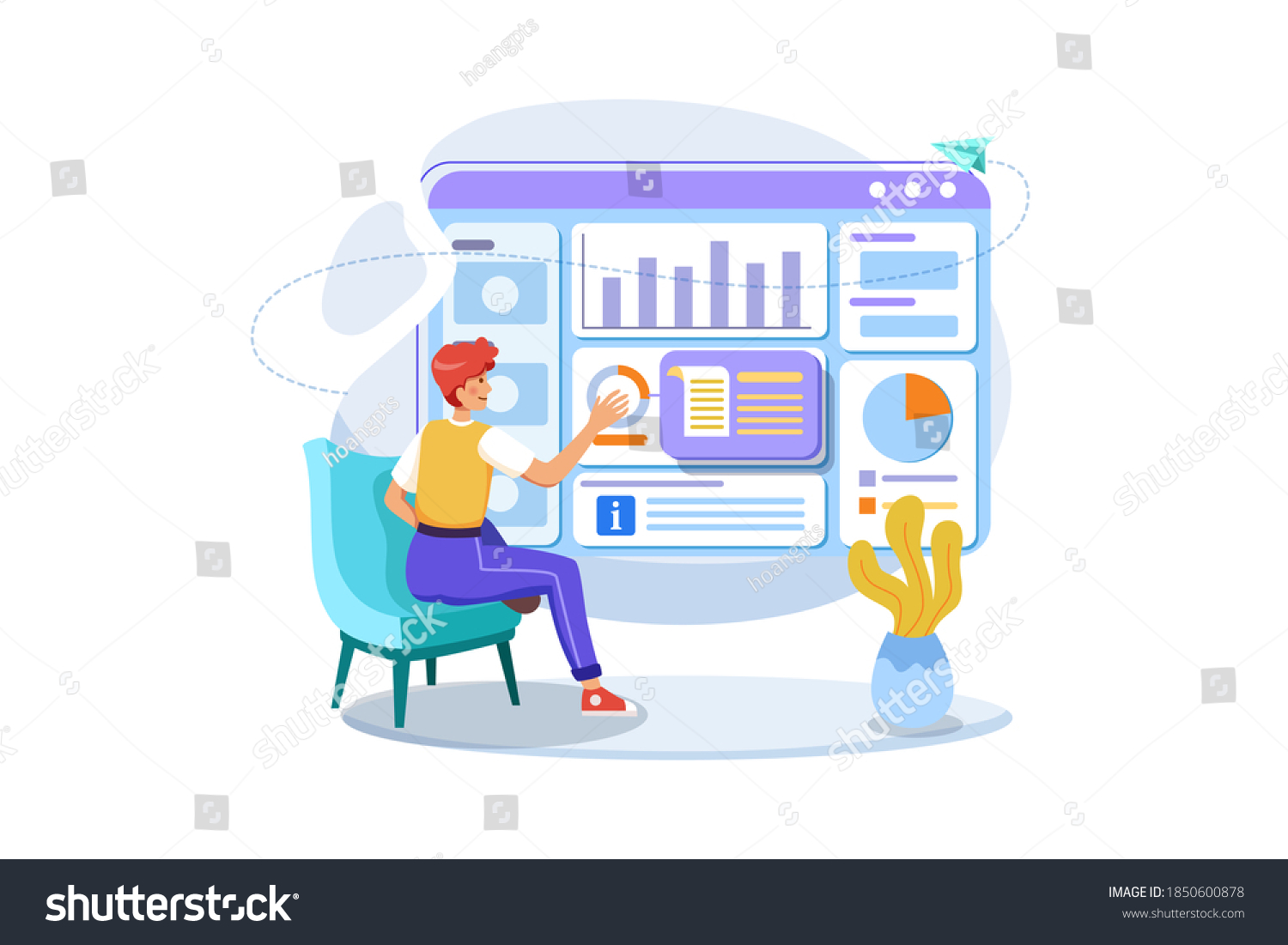 SVG of Manager analyzing reports and infographic. Flat illustration isolated on white background. svg
