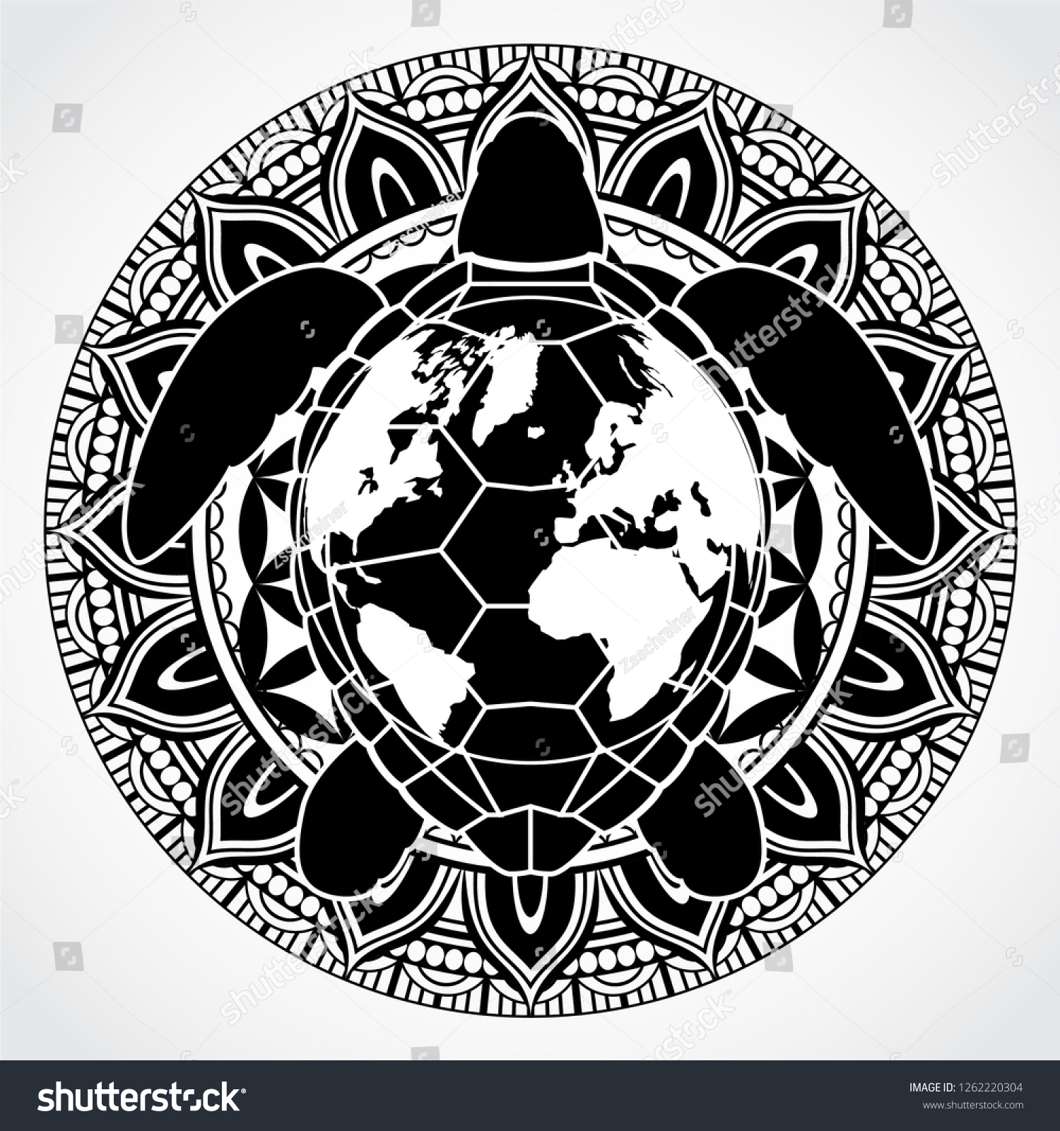 SVG of mandala with turtle and earth / black white symbol svg