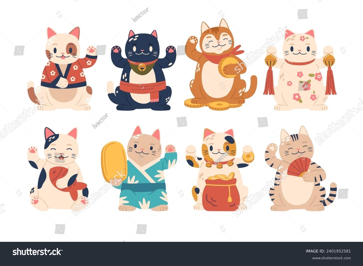 SVG of Maneki Neko Japanese Lucky Cats, Flaunts Raised Paws, Beckoning Fortune. Adorned With Vibrant Colors And Smiling Face svg