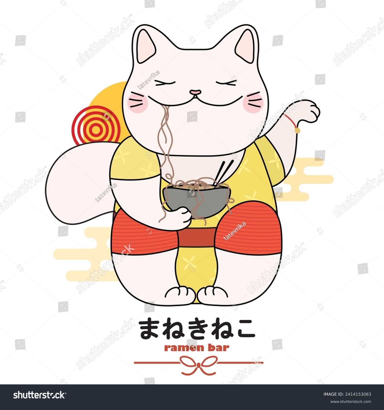 SVG of Maneki Neko Lucky Cat in Japan and China. Japan Hieroglyphs Translate - Lucky Cat. Design for Ramen Bar, Card, Sticker, T-Shirt, Textile Shopper Bag and Other Garment. svg