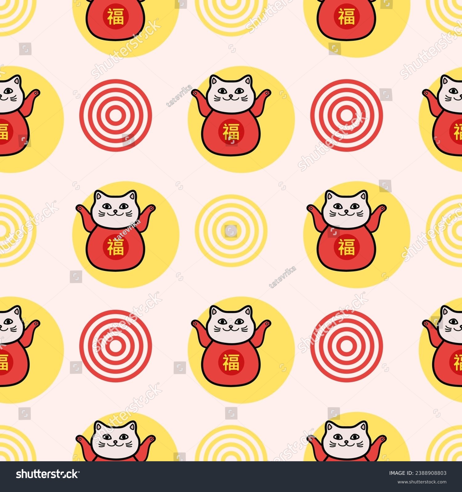 SVG of Maneki Neko Lucky Cat in Japan and China Seamless Background for Web, Mobile, Card, Sticker, T-Shirt, Textile Bag and Garment. Hieroglyphic Inscriptions Mean Happiness, Prosperity, Luck. svg