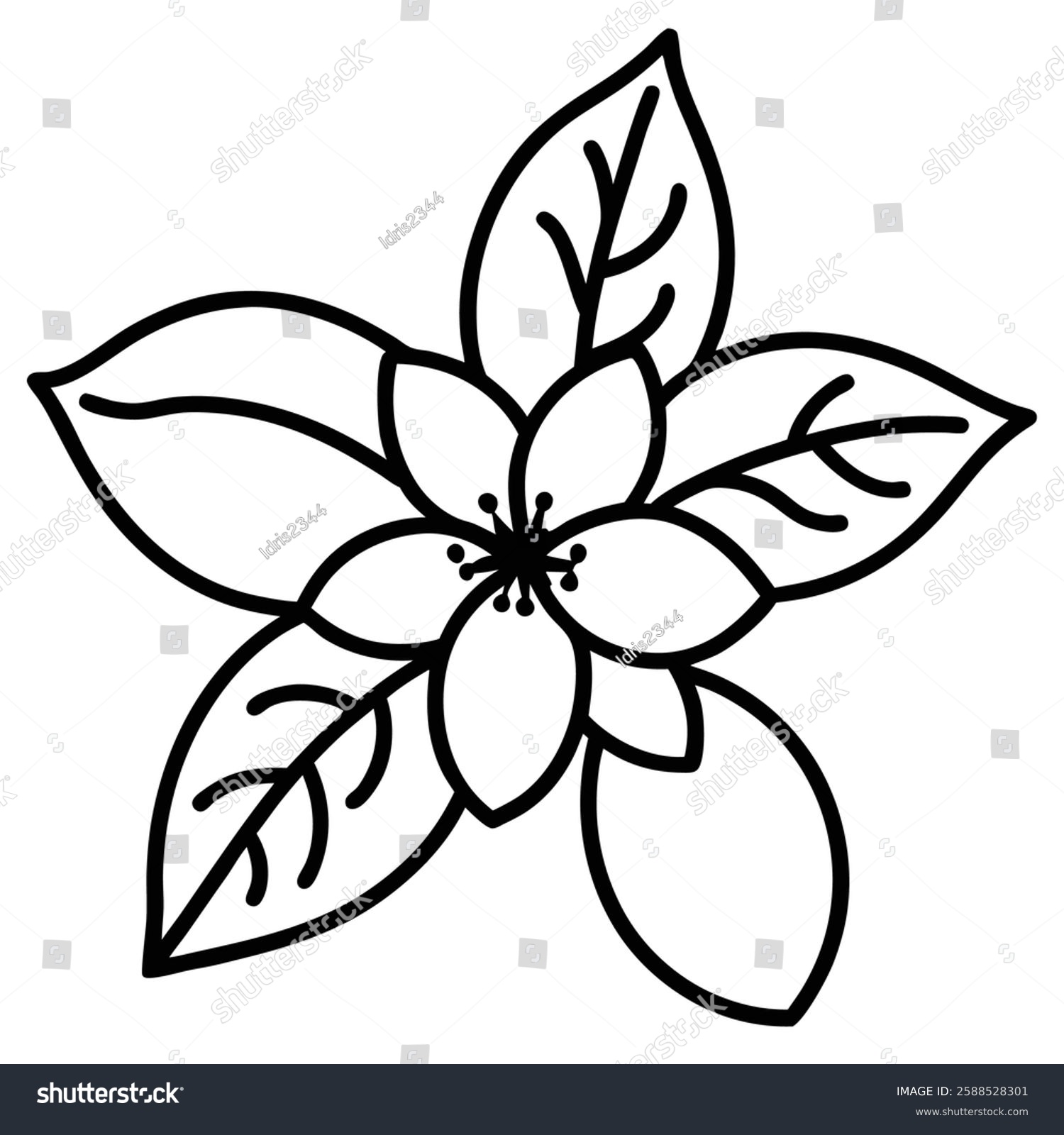 black and white flower and leaves outline clip art preview