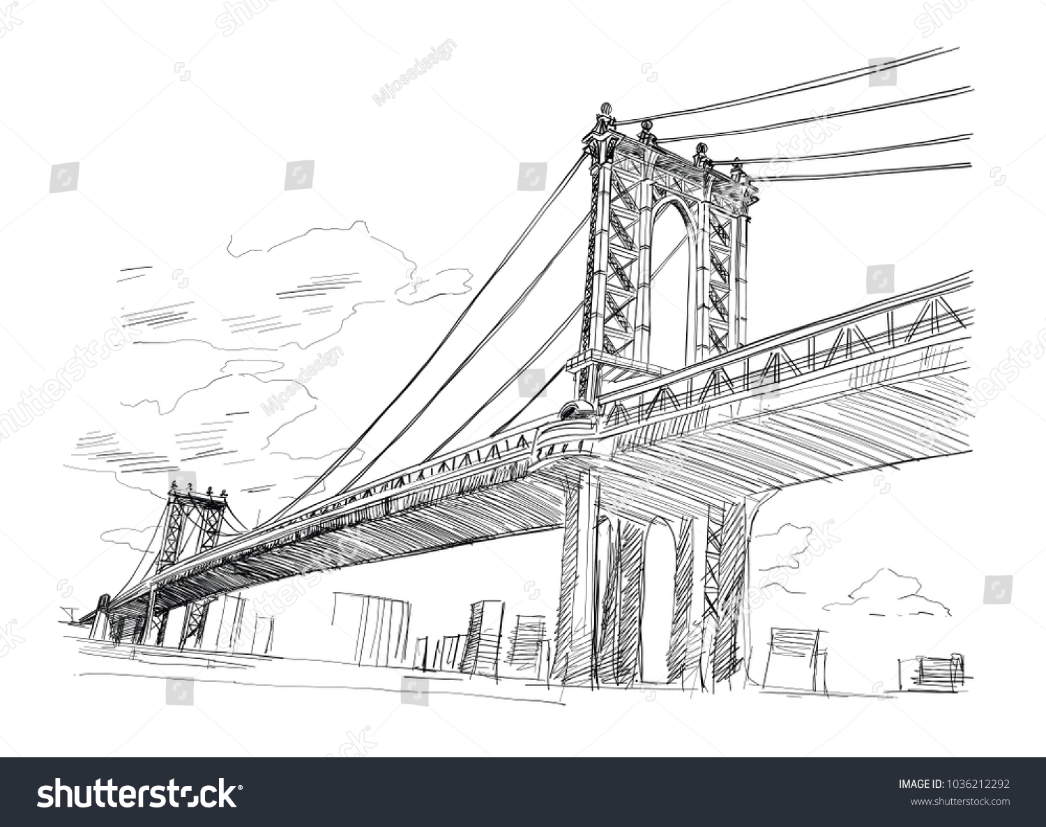 Manhattan Bridge Hand Drawn Vector Illustration Stock Vector (Royalty ...