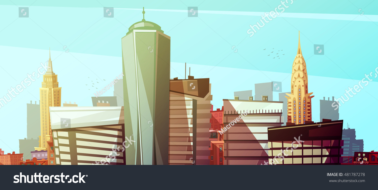 SVG of Manhattan cityscape with world trade center chrysler and empire state buildings at marine background flat vector illustration  svg