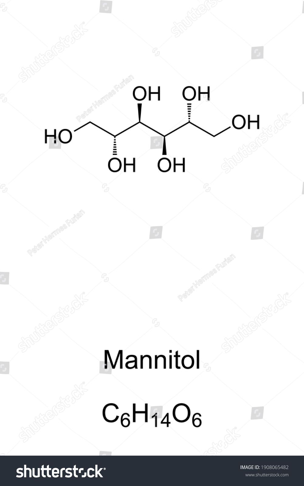SVG of Mannitol, chemical formula and skeletal structure. D-Mannitol, mannite or manna sugar. Isomer of sorbitol, used as sweetener in diabetic food and medication to decrease pressure in eyes. E421. Vector. svg