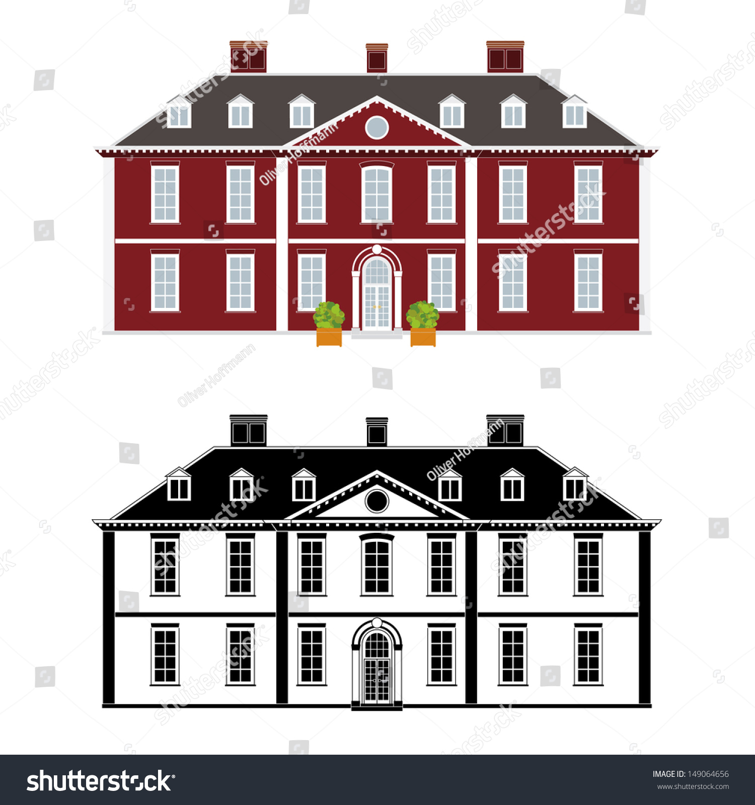 SVG of Mansion in 18th century Queen Anne style, color and black monochrome version on different layers svg