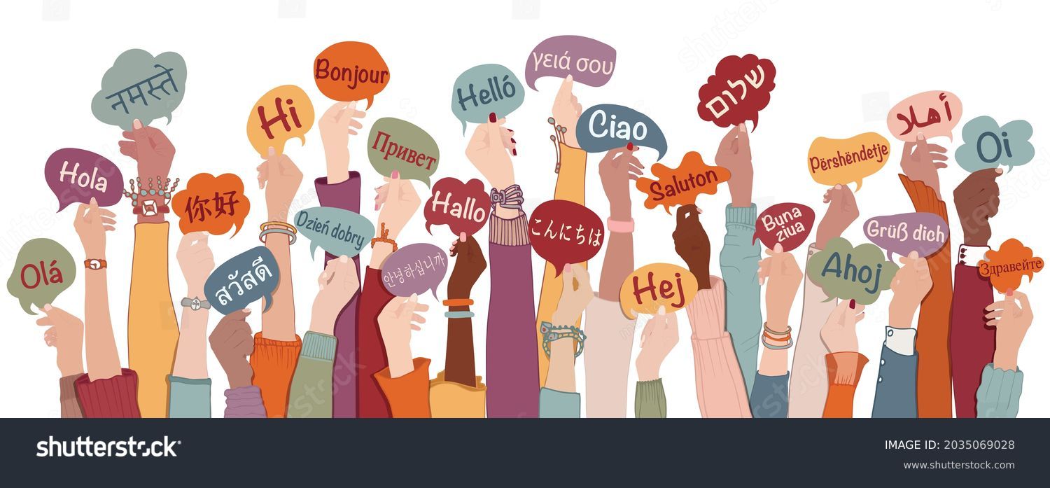SVG of Many arms raised of diverse and multi-ethnic people holding speech bubbles with text -hallo- in various international languages. Diversity people.Racial equality.Sharing and collaboration svg