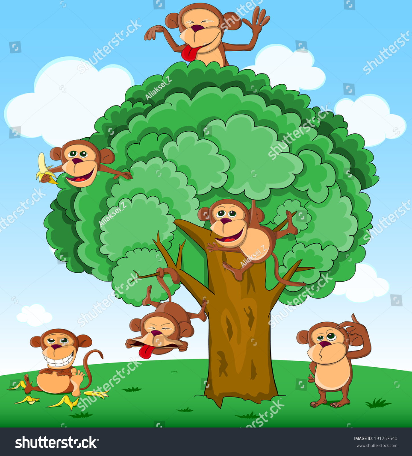 Many Monkeys Playing On Tree And Near The Tree Stock Vector ...