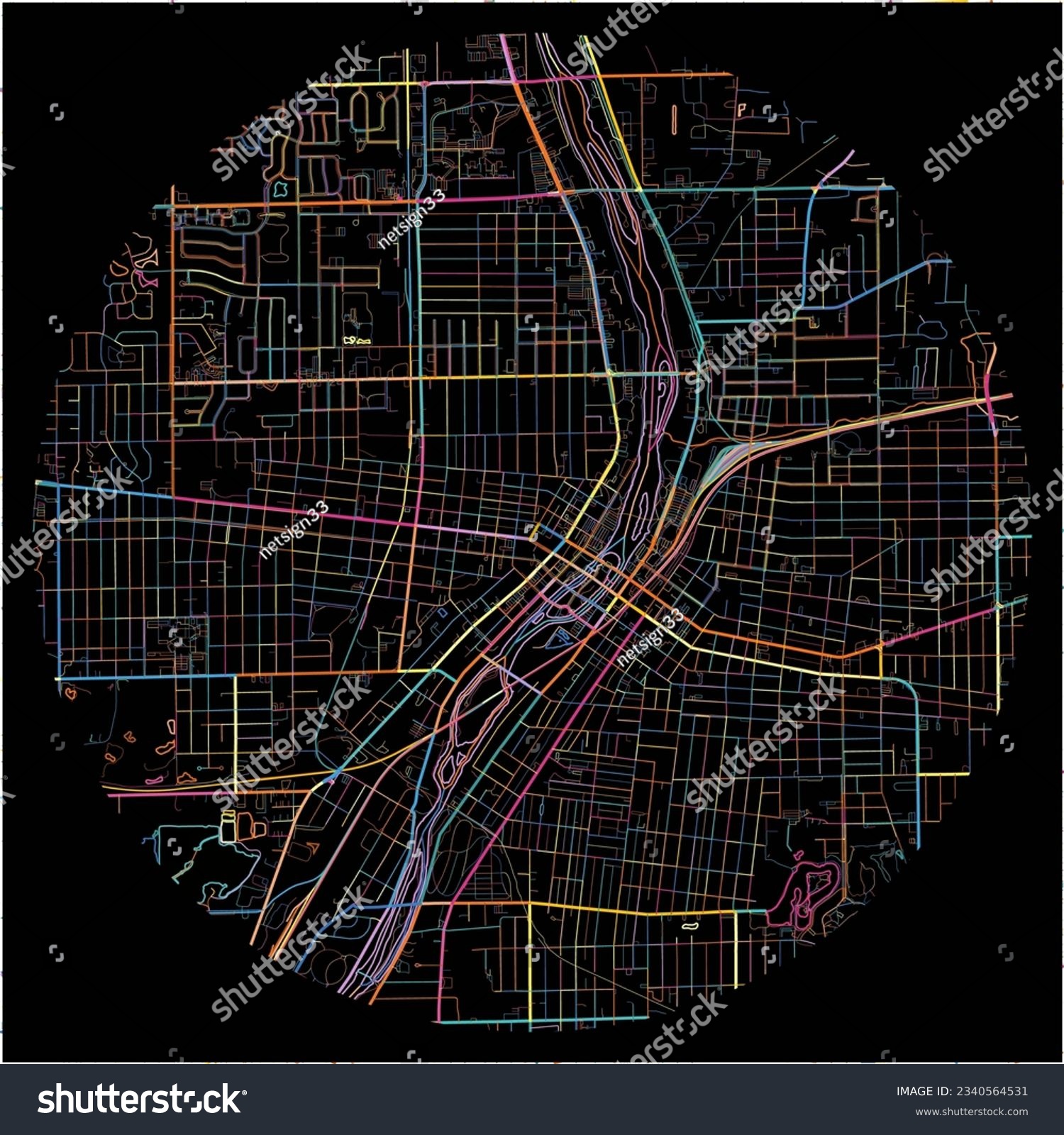 SVG of Map of Aurora, Illinois with all major and minor roads, railways and waterways. Colorful line art on black background. svg