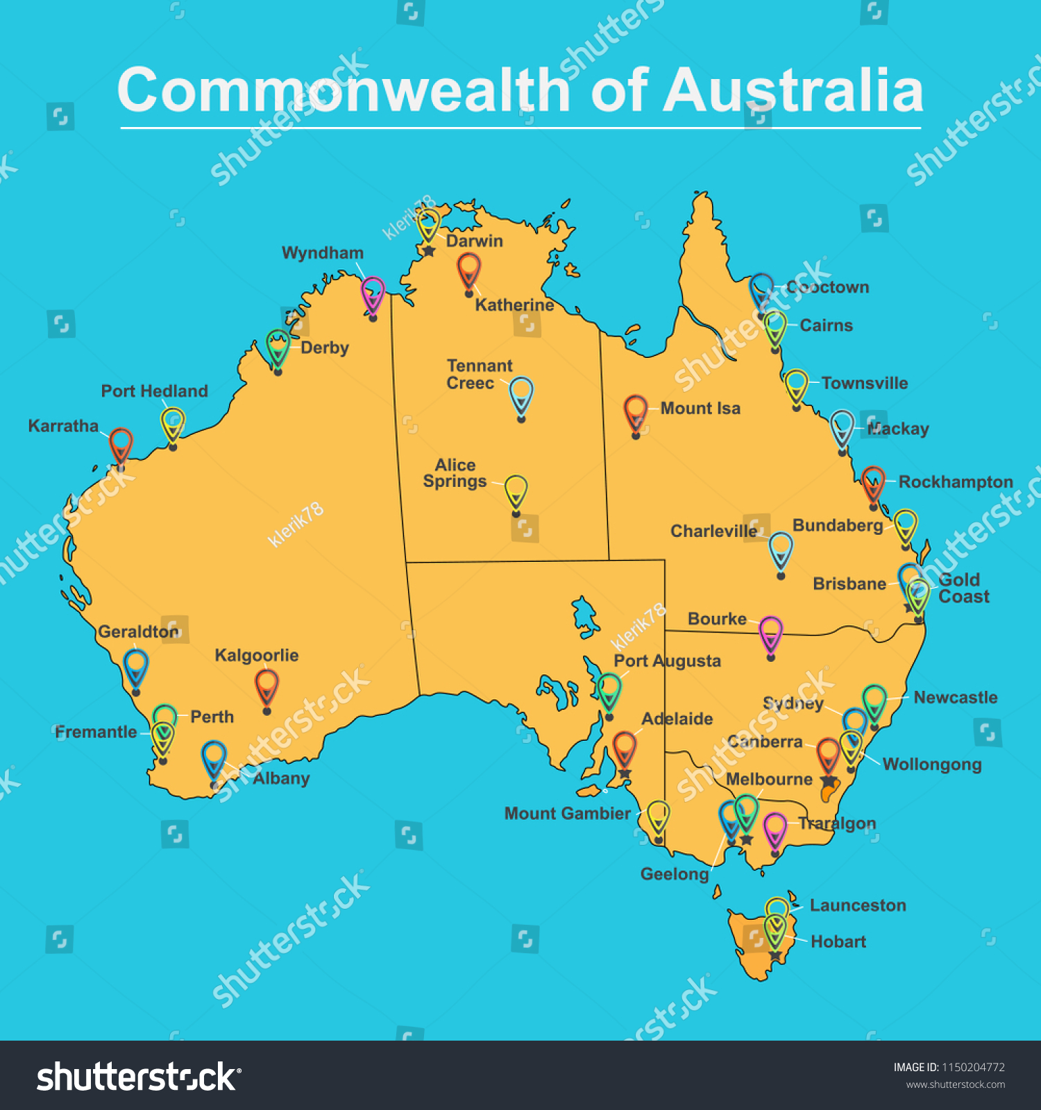 prangende symbol flamme Map Australia Major Towns Cities Vector Stock Vector (Royalty Free)  1150204772