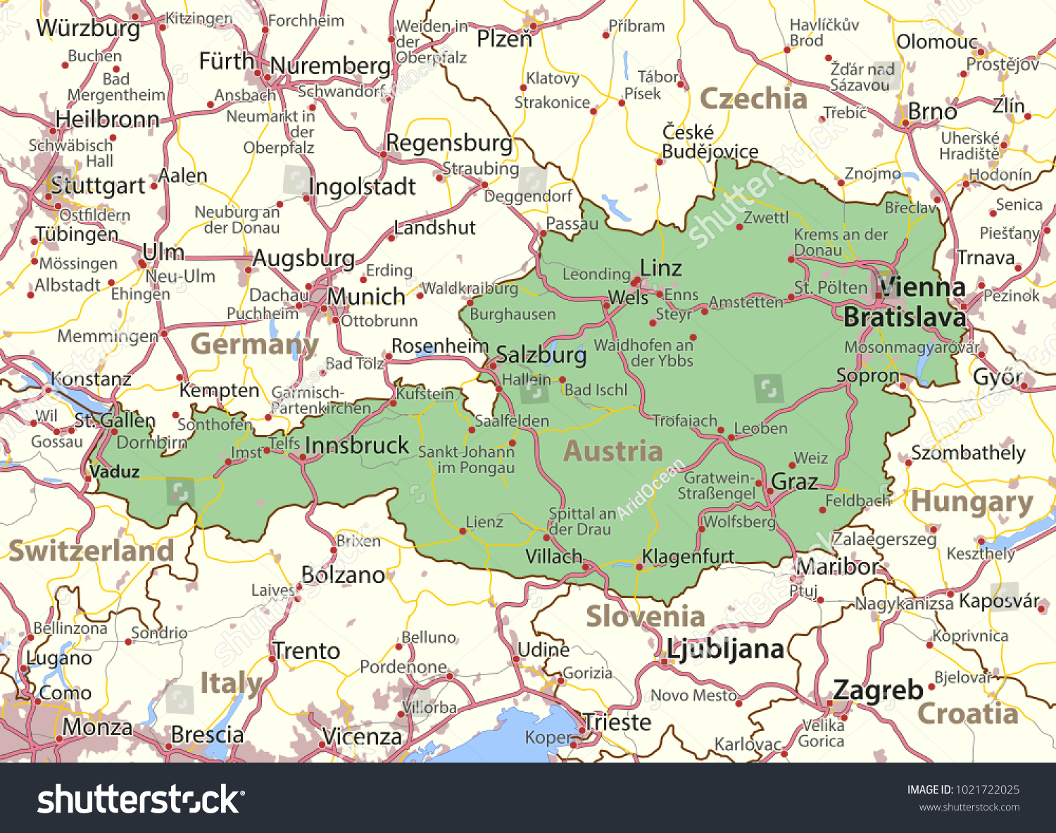 Show Austria On A Map Map Austria Shows Country Borders Urban Stock Vector (Royalty Free)  1021722025 | Shutterstock