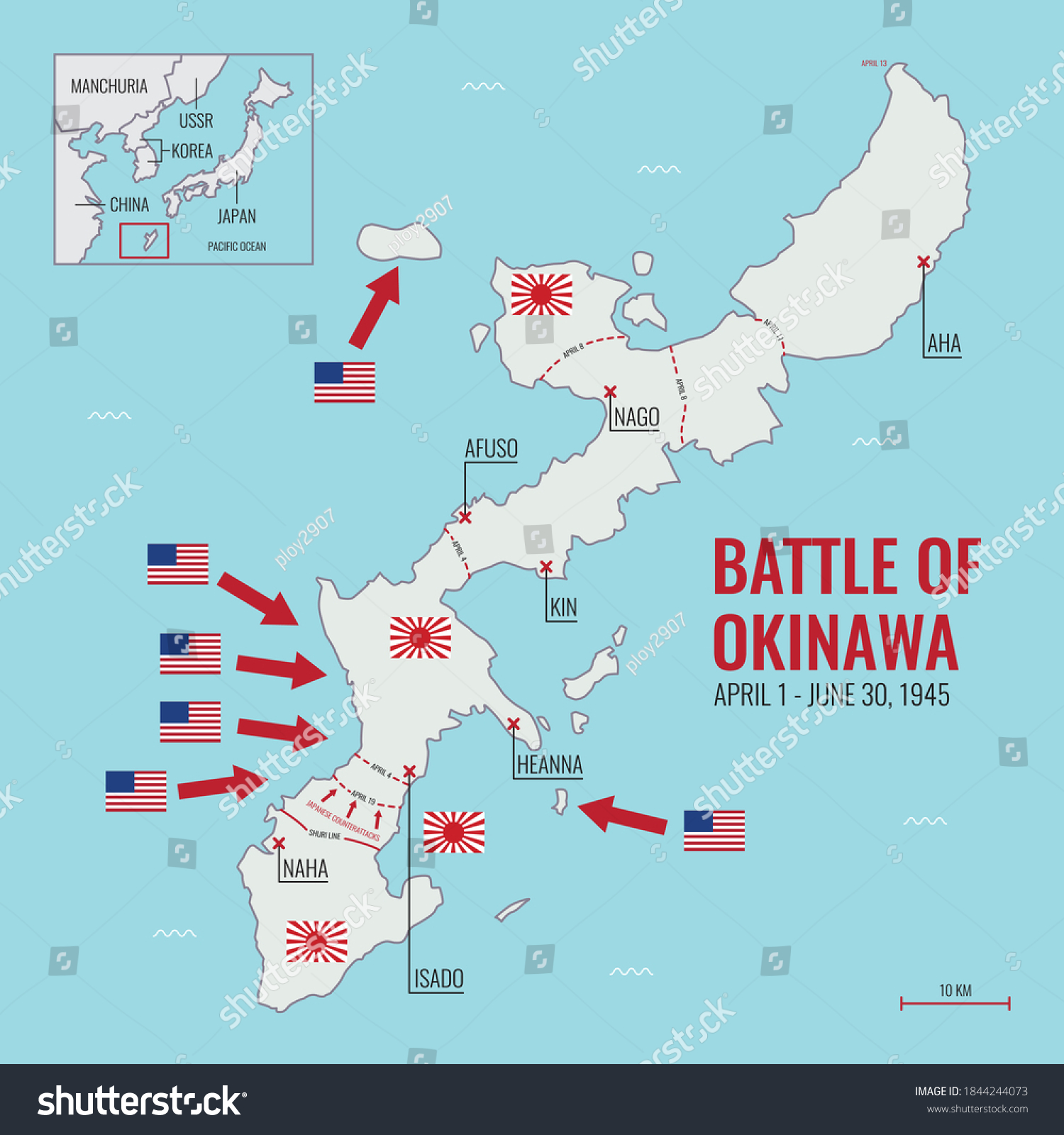 492 Im Genes De World War 1 Map Im Genes Fotos Y Vectores De Stock   Stock Vector Map Of Battle Of Okinawa During World War Ii Showing American And Japanese Armies And Frontlines 1844244073 