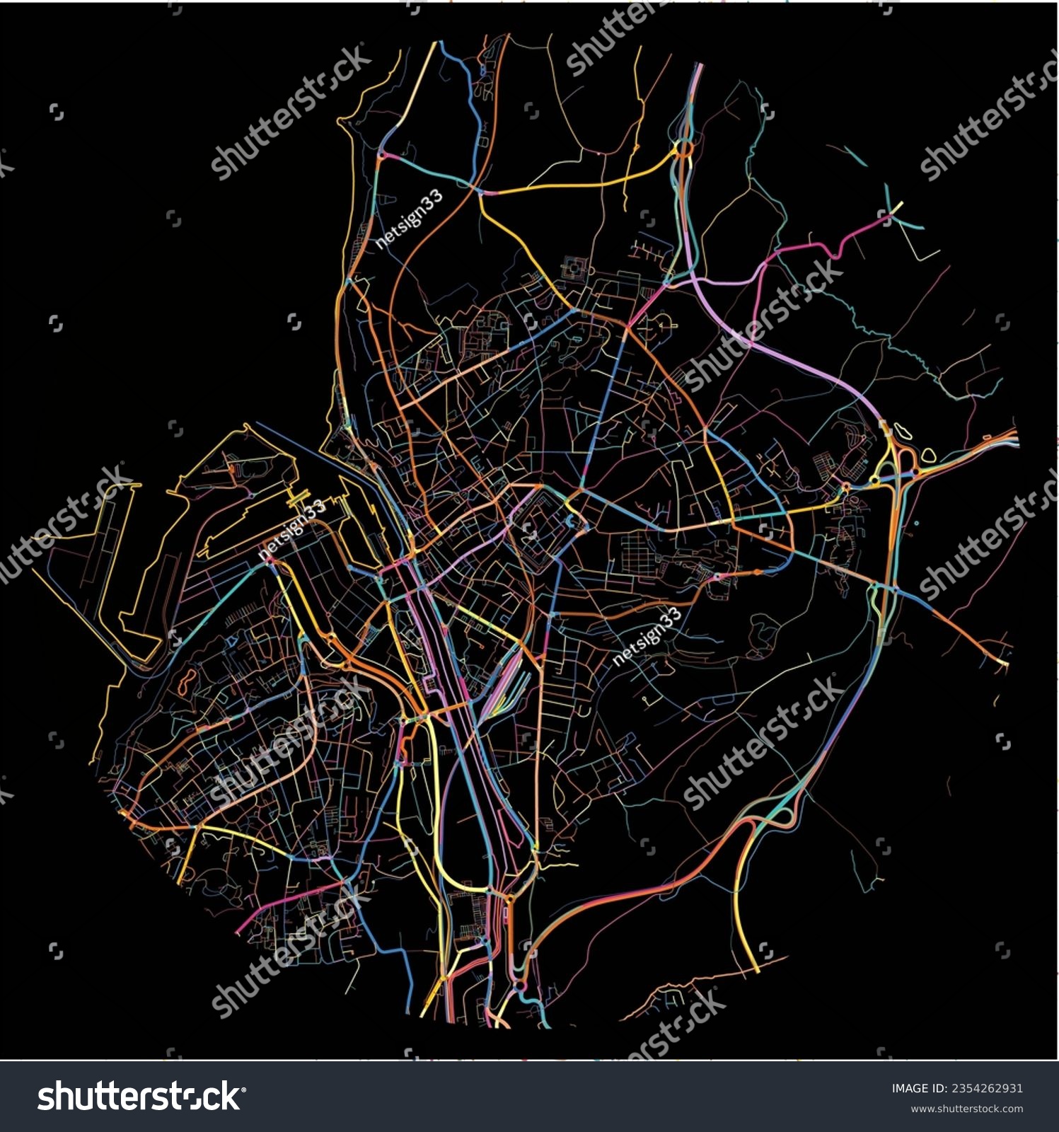 SVG of Map of Boulogne-sur-Mer, Pas-de-Calais with all major and minor roads, railways and waterways. Colorful line art on black background. svg