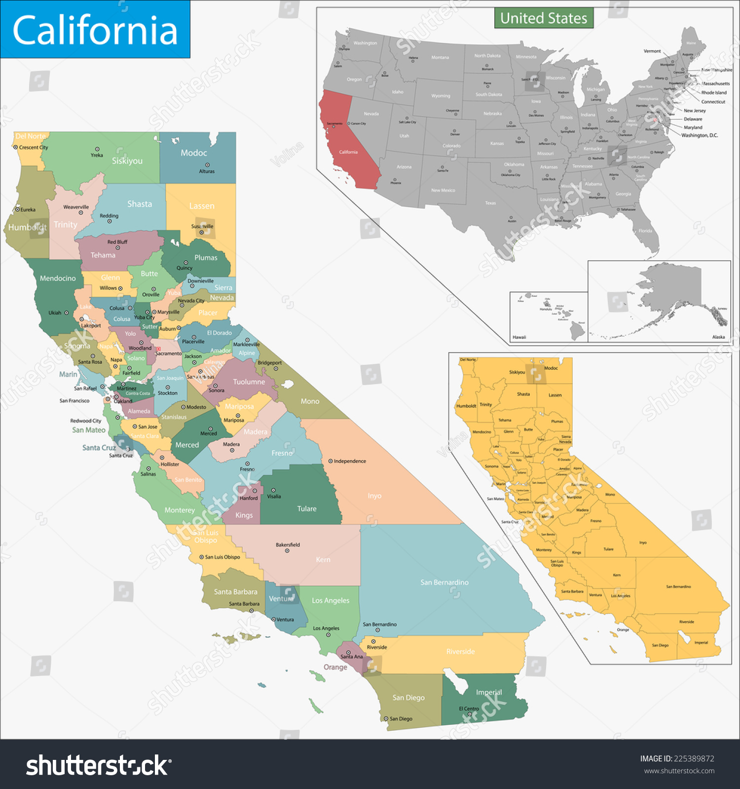 Map Of California State Designed In Illustration With The Counties And ...