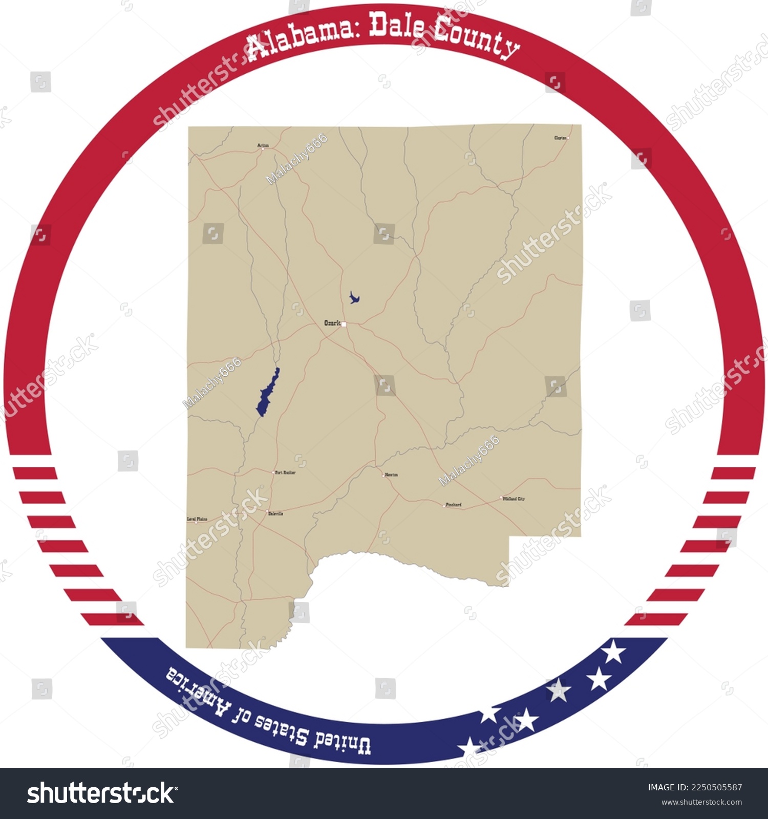 SVG of Map of Dale county in Alabama, USA arranged in a circle. svg
