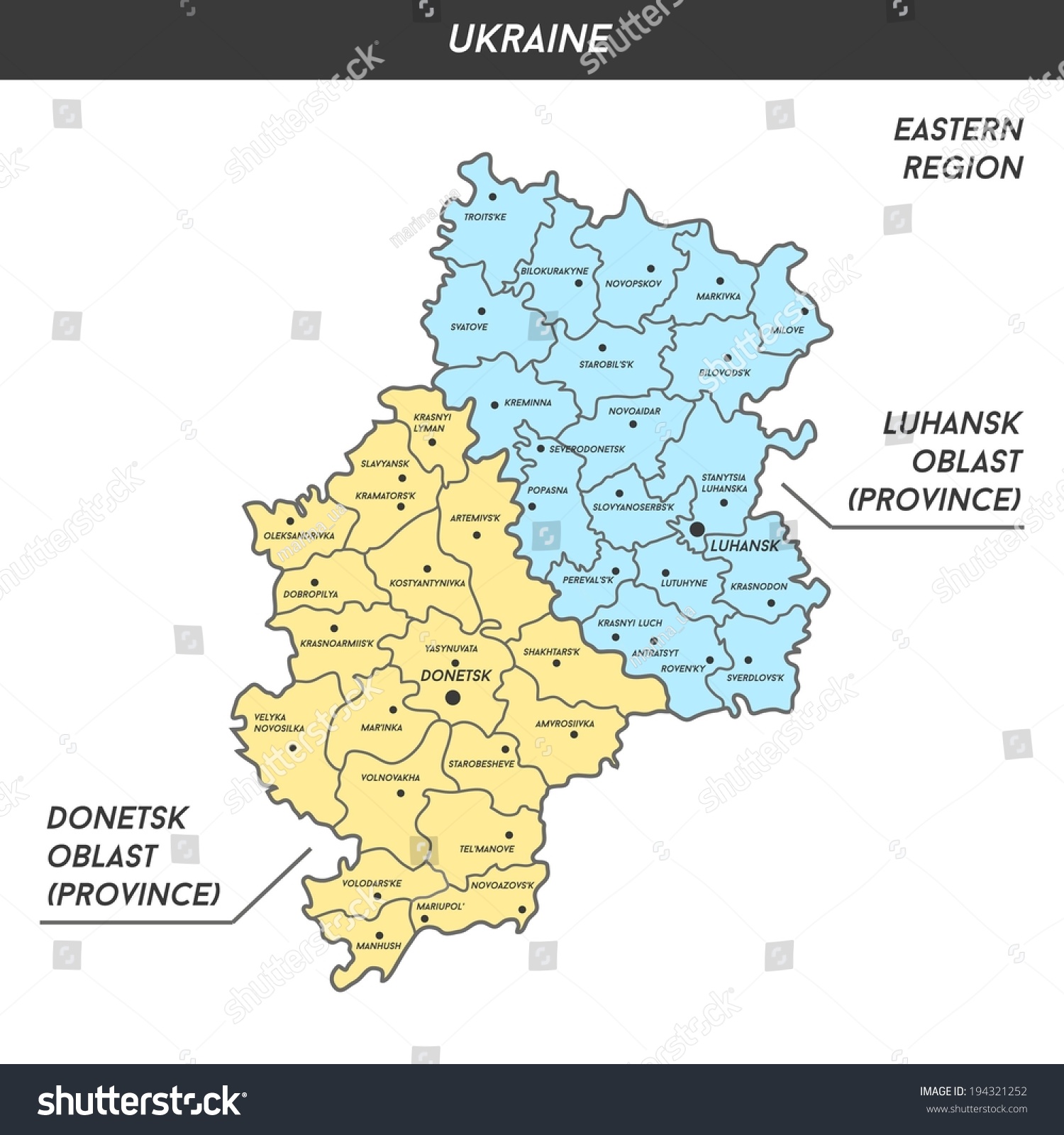 Map Donetsk Luhansk Oblast Donbas Major Stock Vector Royalty Free 194321252