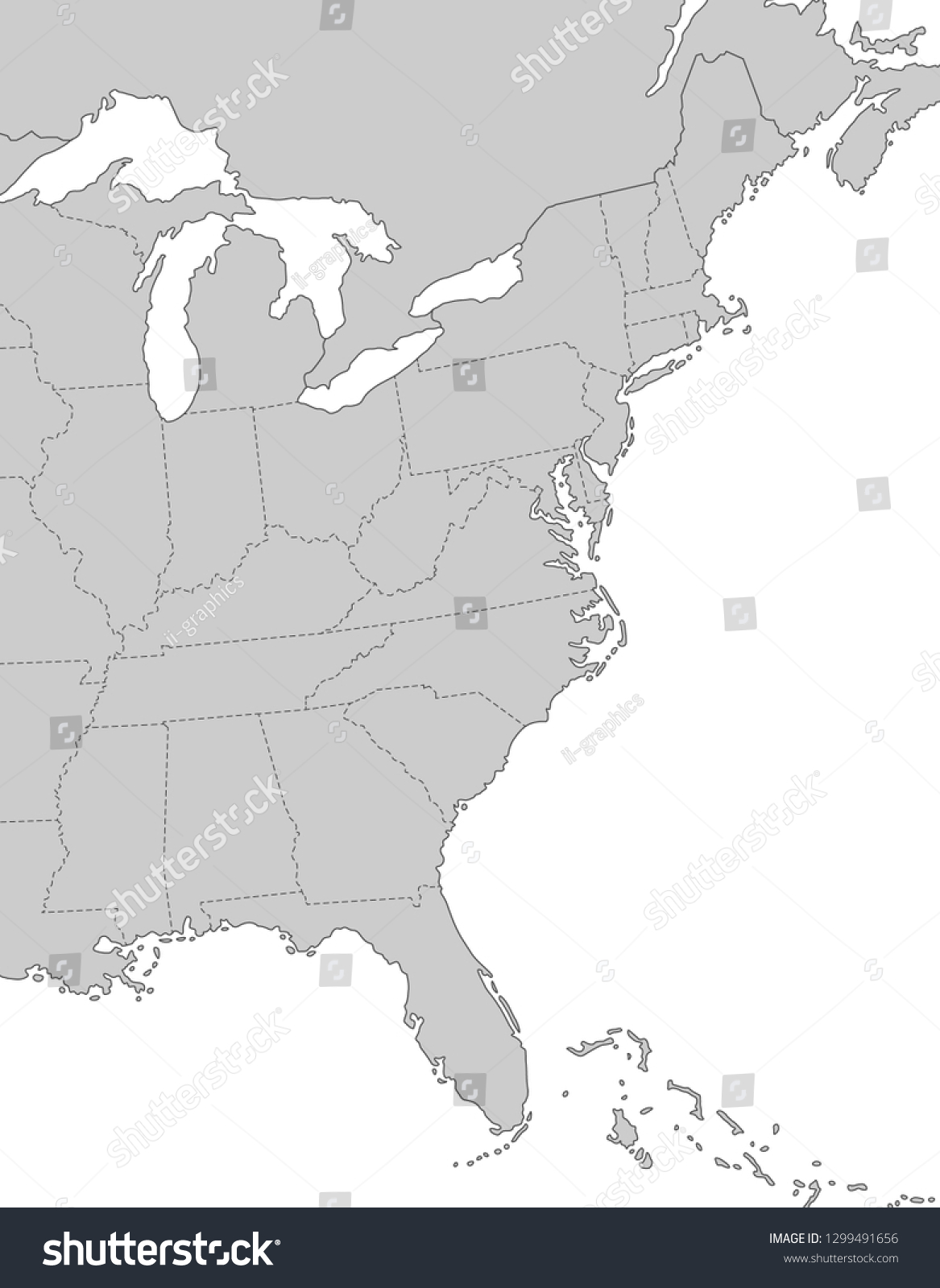 Map East Coast United States Stock Vector Royalty Free 1299491656 Stock Vector Map Of East Coast United States 1299491656