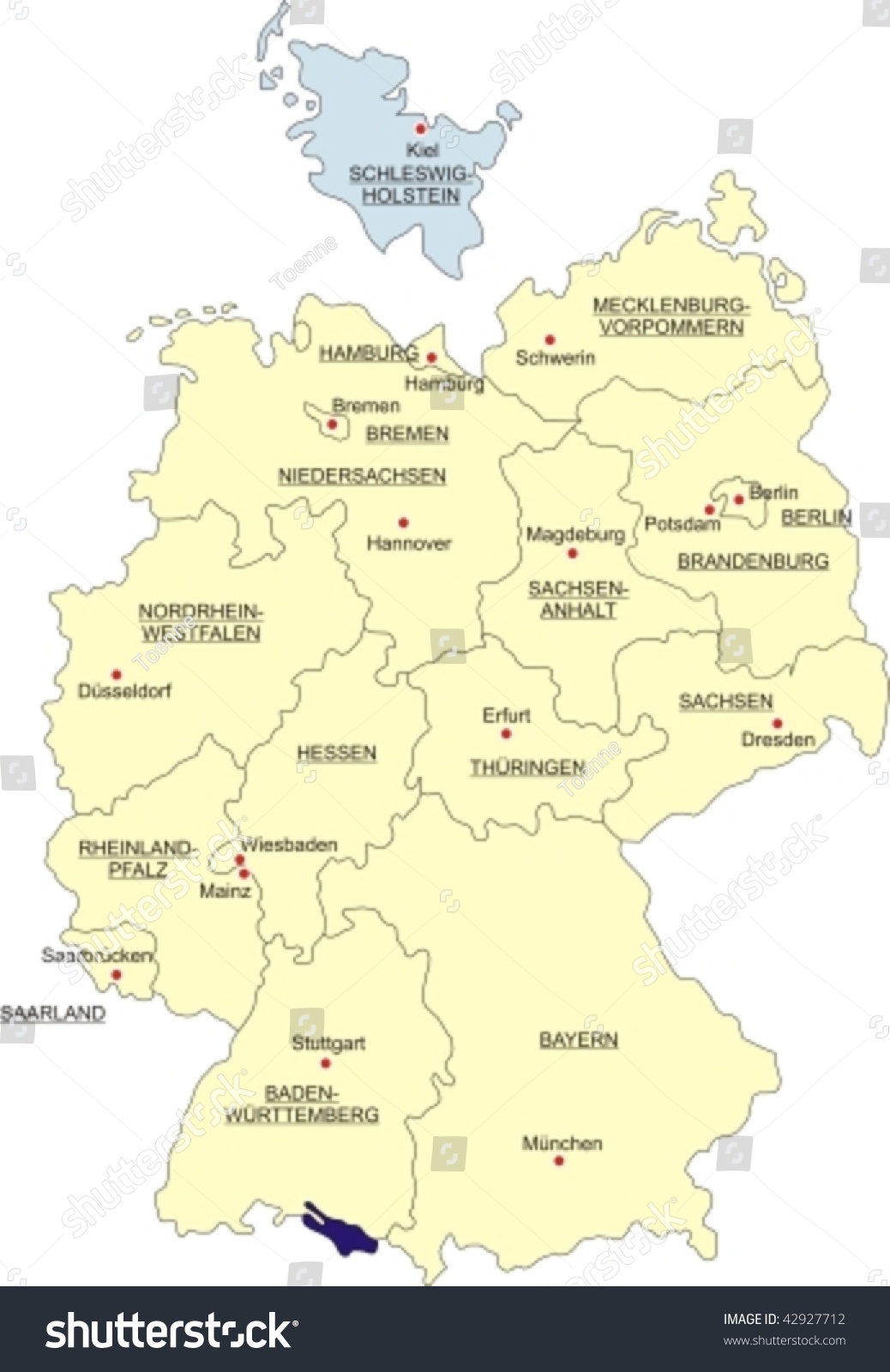SVG of Map of Germany, national boundaries and national capitals; Schleswig-Holstein cut out and silhouetted svg