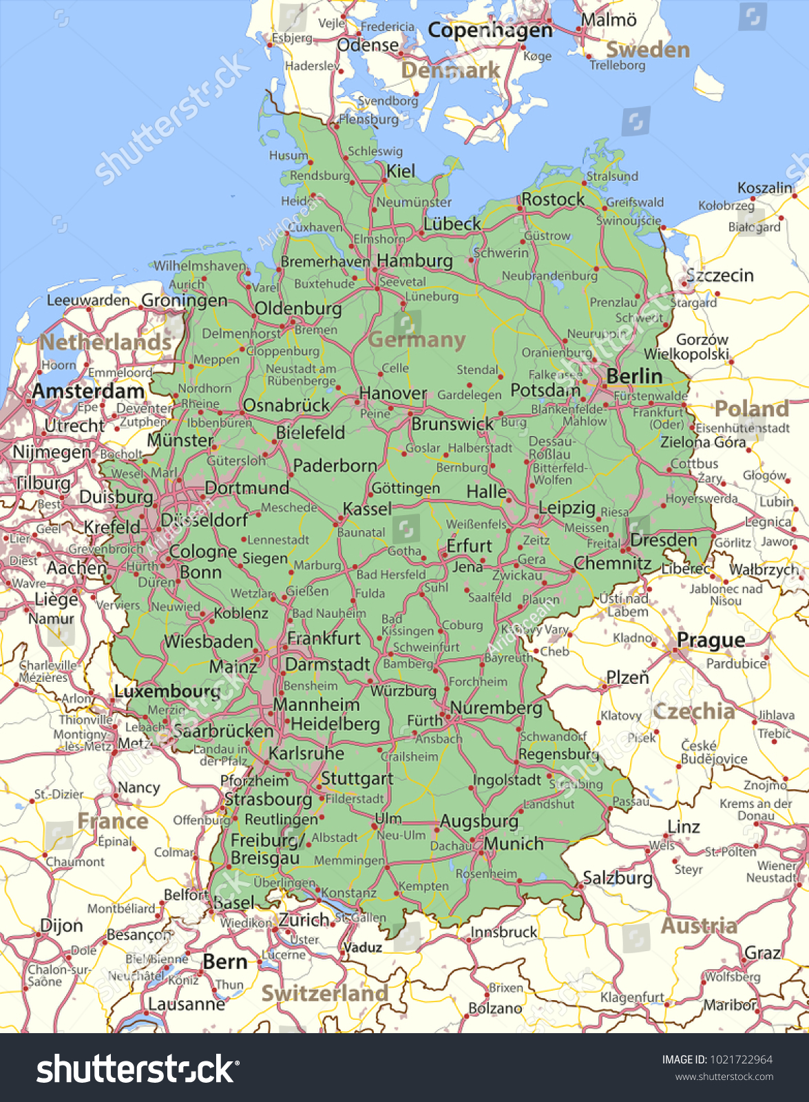 Map Germany Shows Country Borders Urban Stock Vector Royalty Free