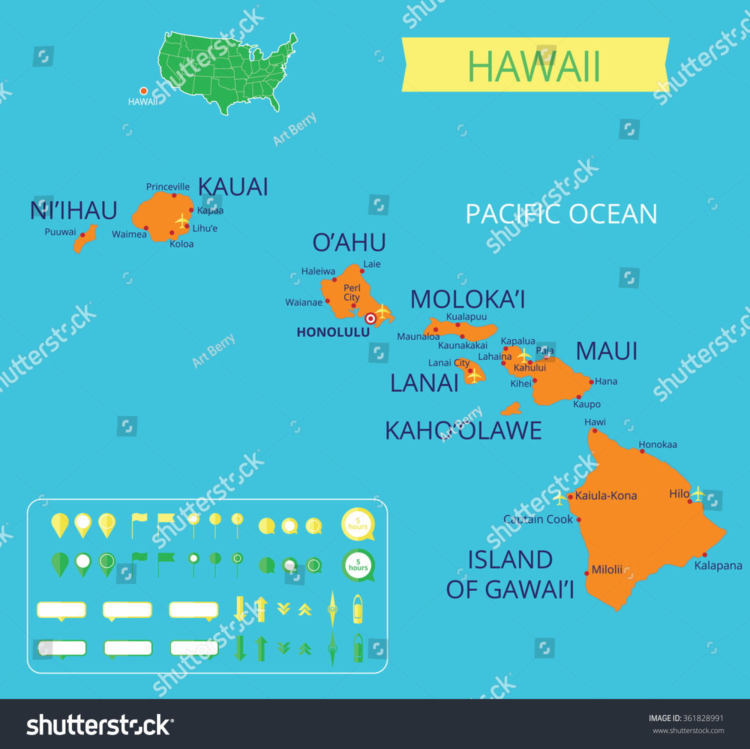 Map Hawaii Capital Honolulu Infographic Elements Stock