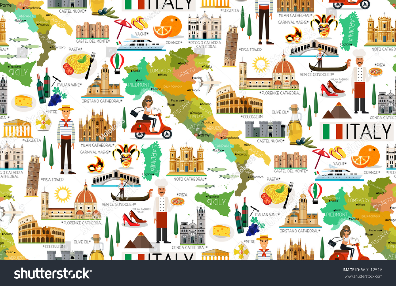 Map Italy Travel Iconsitaly Travel Seamless Stock Vector ...