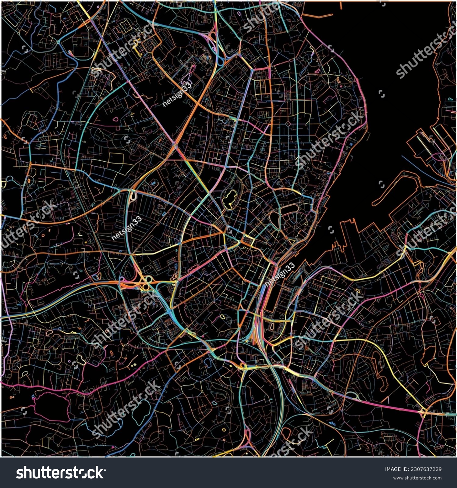 SVG of Map of Kiel, Schleswig-Holstein with all major and minor roads, railways and waterways. Colorful line art on black background. svg