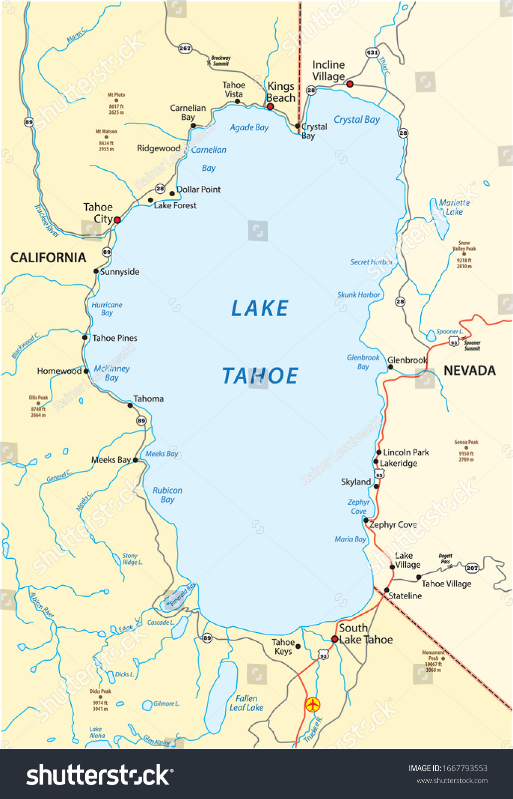 SVG of Map of Lake Tahoe, located between the US states of California and Nevada svg
