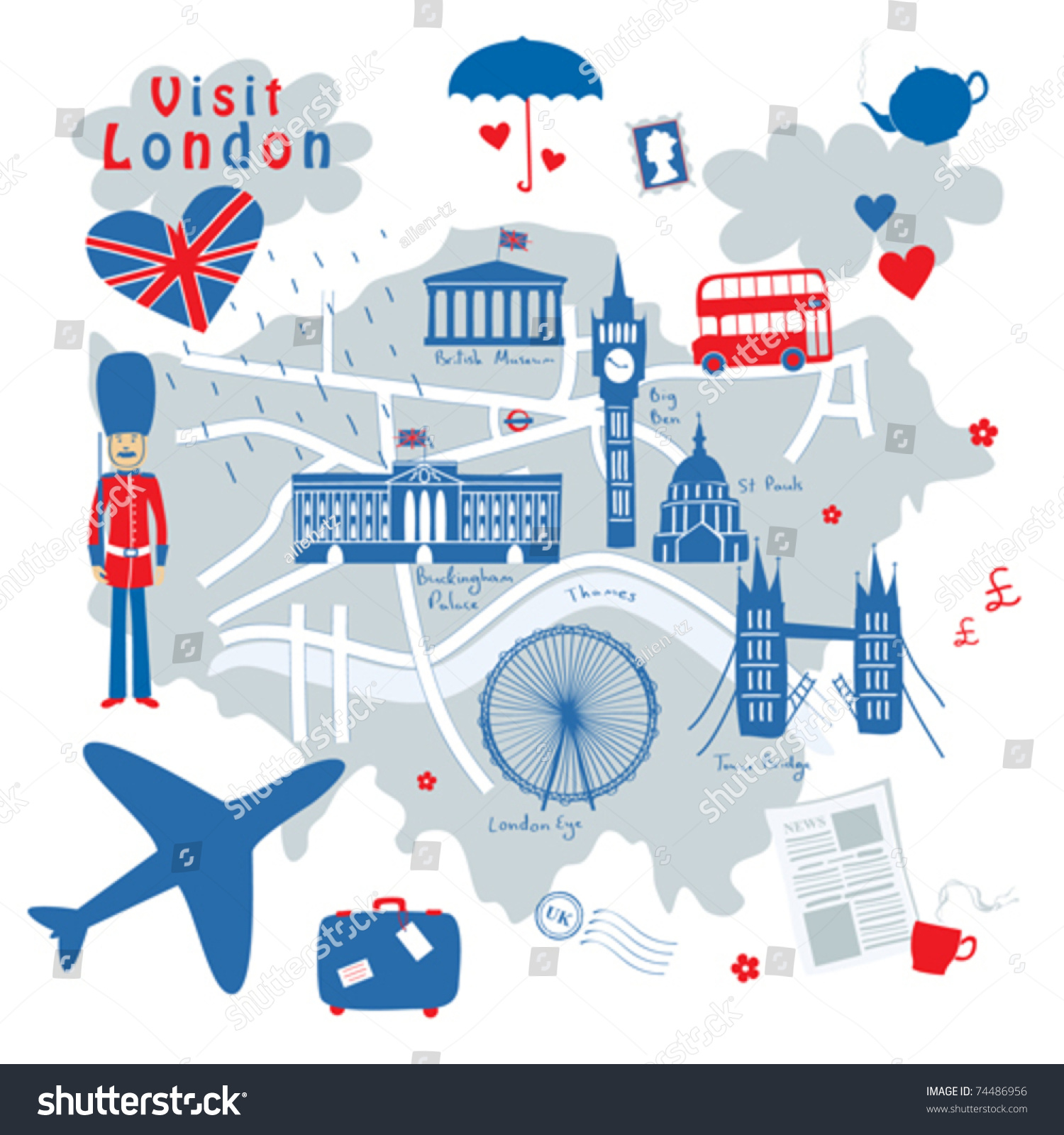 Map Of London'S Sights Stock Vector Illustration 74486956 : Shutterstock