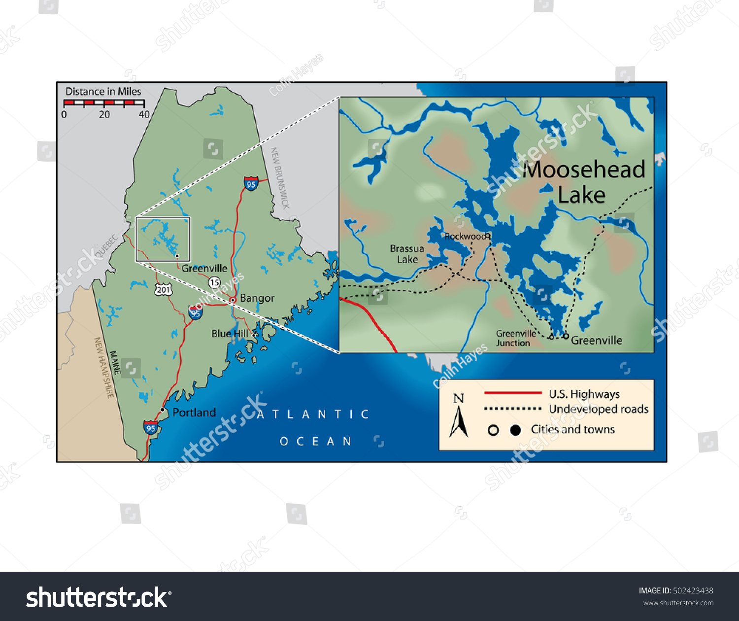 Map Maine Call Out Moosehead Lake Stock Vector Royalty Free 502423438
