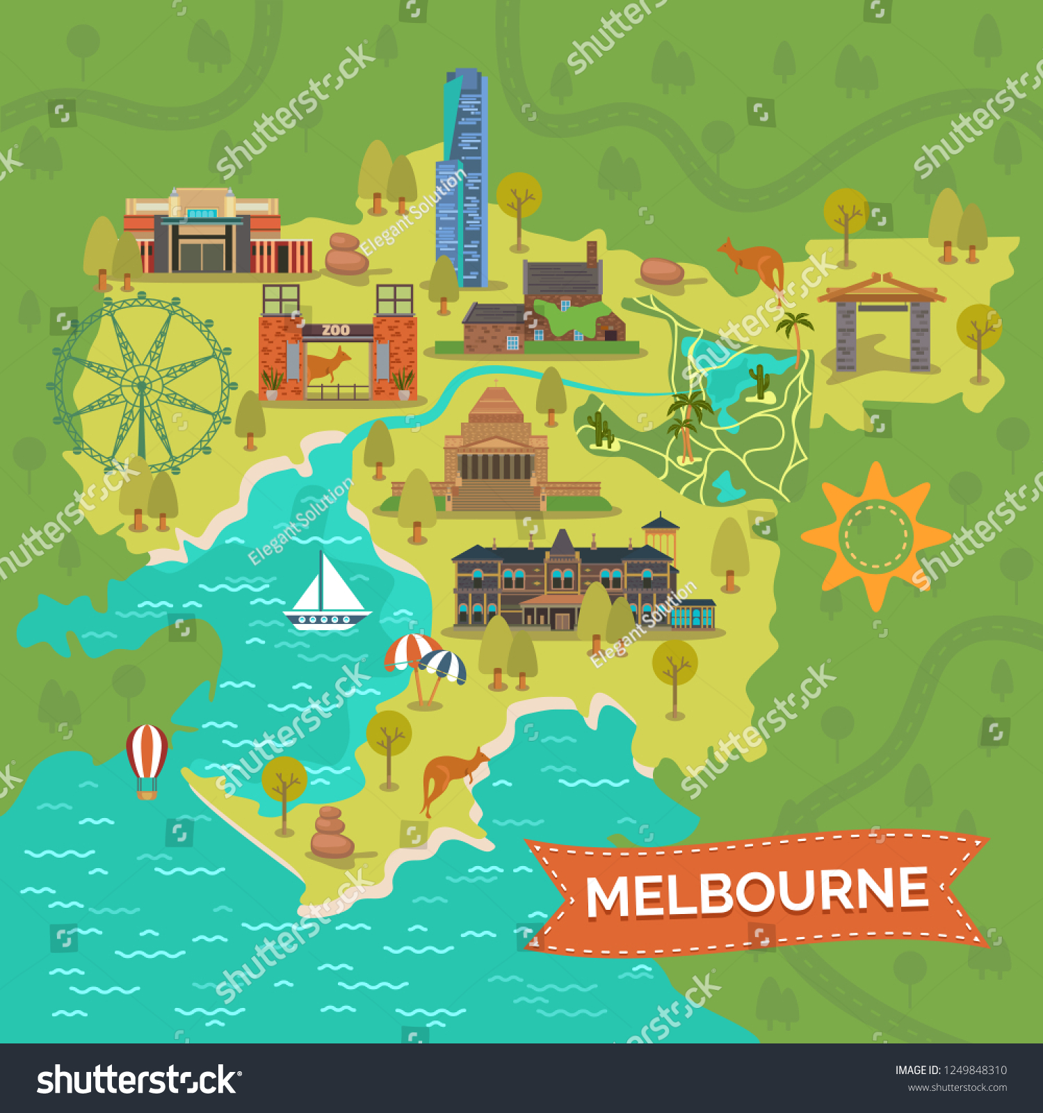 Dandenong Stock Vectors Images Vector Art Shutterstock   Stock Vector Map Of Melbourne With Shrine Of Remembrance Captain Cooks Cottage Eureka Tower Royal Zoo Gardens 1249848310 