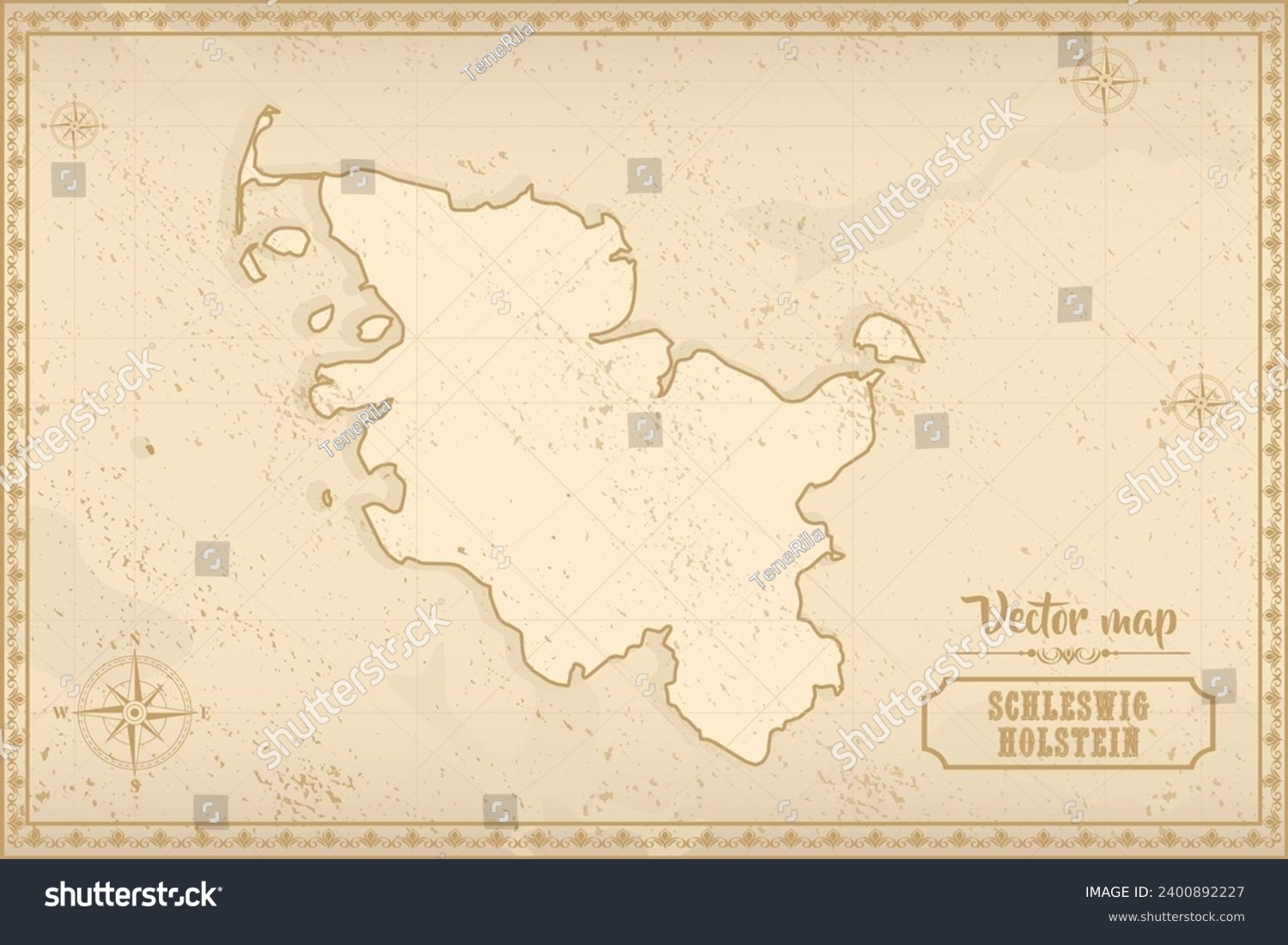SVG of Map of Schleswig-Holstein in the old style, brown graphics in retro fantasy style. Federative units of Germany. svg