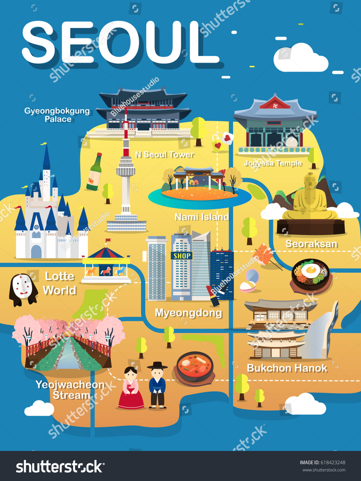 Tourist Map Of Seoul Map Seoul Attractions Vector Illustration Stock Vector (Royalty Free)  618423248 | Shutterstock