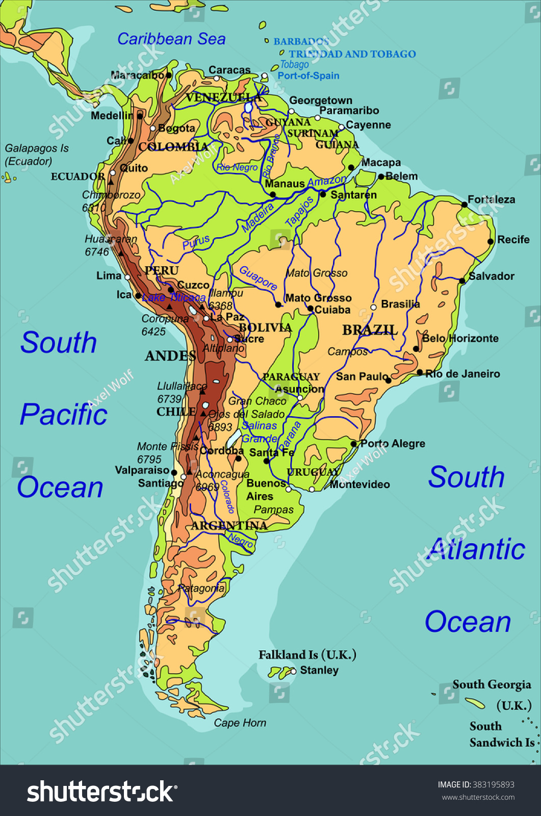 Map South America Names Countries Cities Stock Vector Royalty