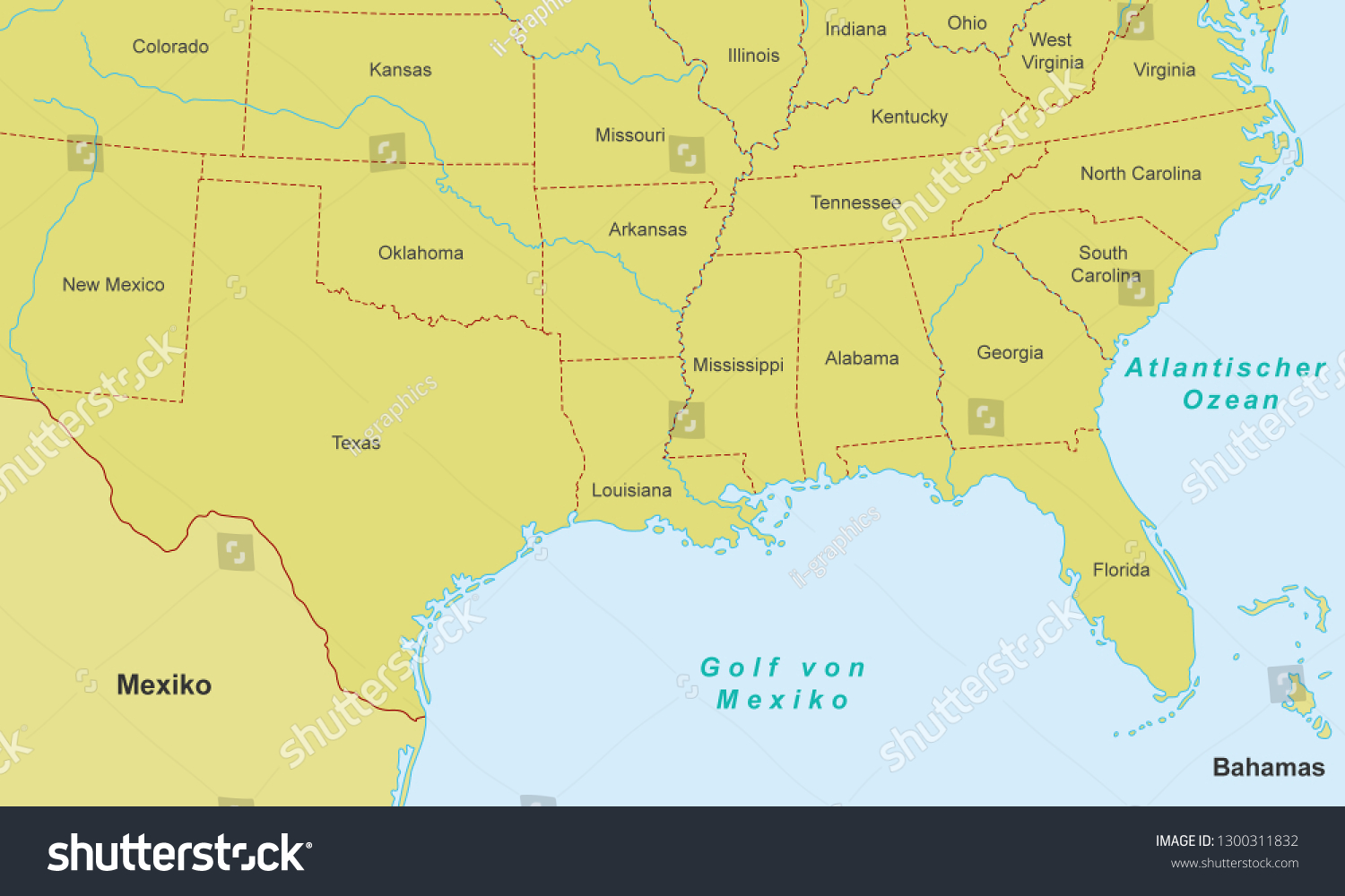 Map Of Southern Coastal States Map South Coast United States German Stock Vector (Royalty Free) 1300311841  | Shutterstock