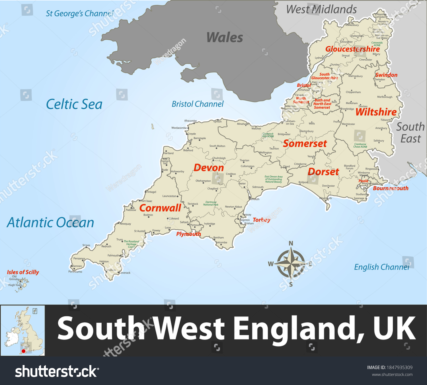 Map Of Sw England Map South West England Region United Stock Vector (Royalty Free) 1847935309  | Shutterstock