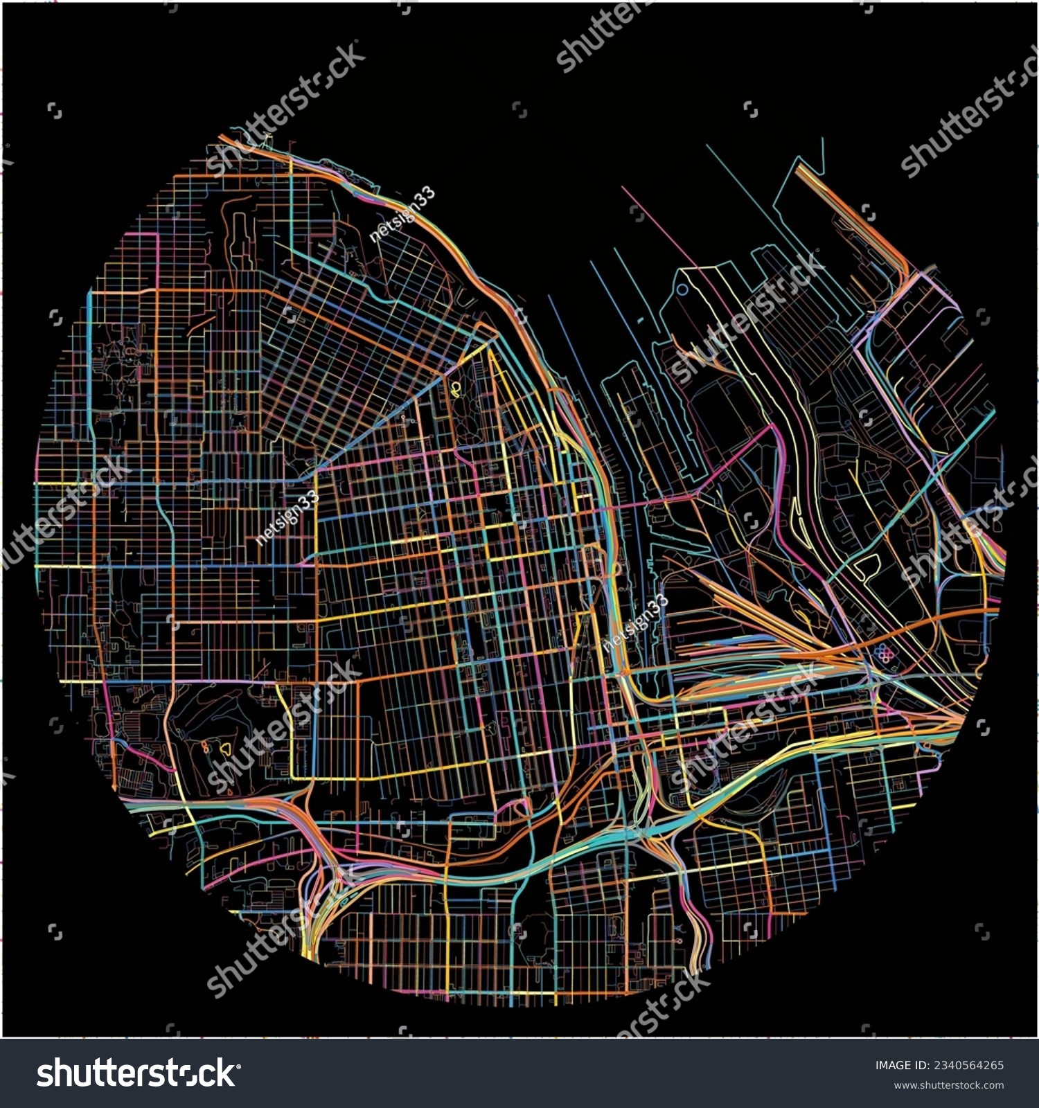 SVG of Map of Tacoma, Washington with all major and minor roads, railways and waterways. Colorful line art on black background. svg