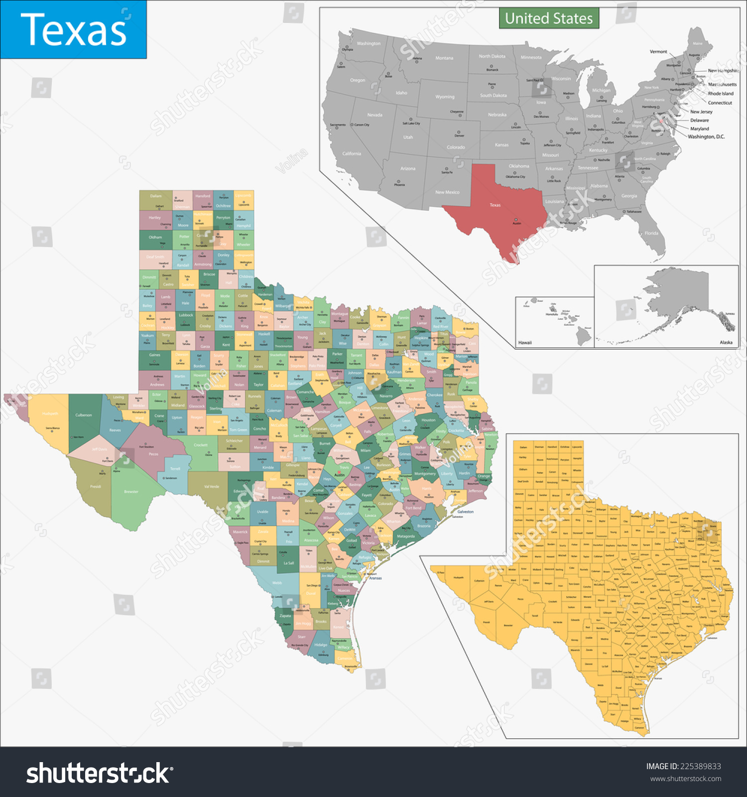 Map Of Texas State Designed In Illustration With The Counties And The ...