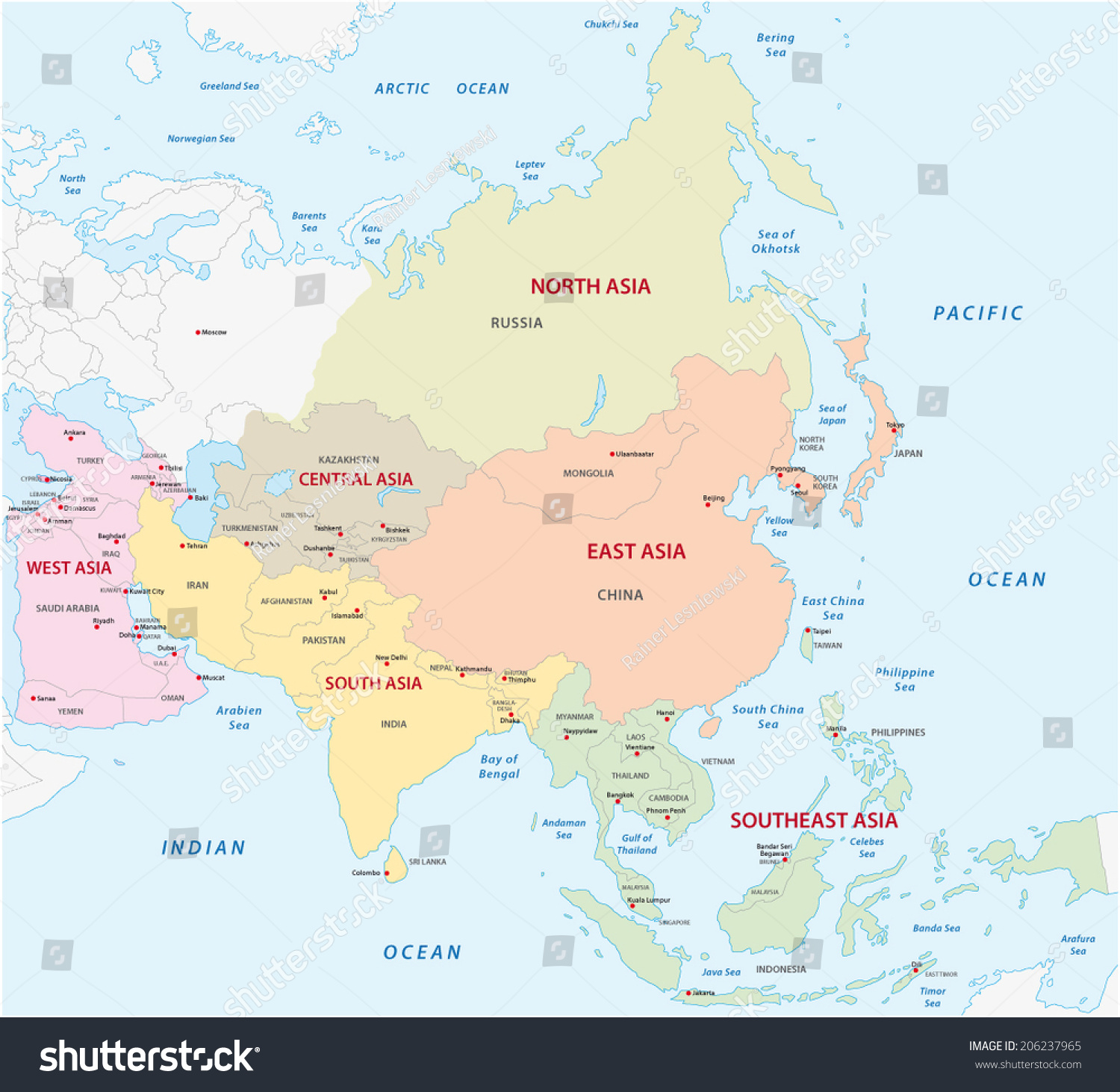 Map Of The Asian Sub-Regions Stock Vector Illustration 206237965 ...