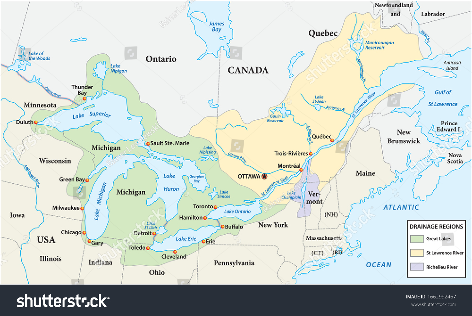 St Lawrence Seaway Map Map Great Lakes St Lawrence River Stock Vector (Royalty Free) 1662992467