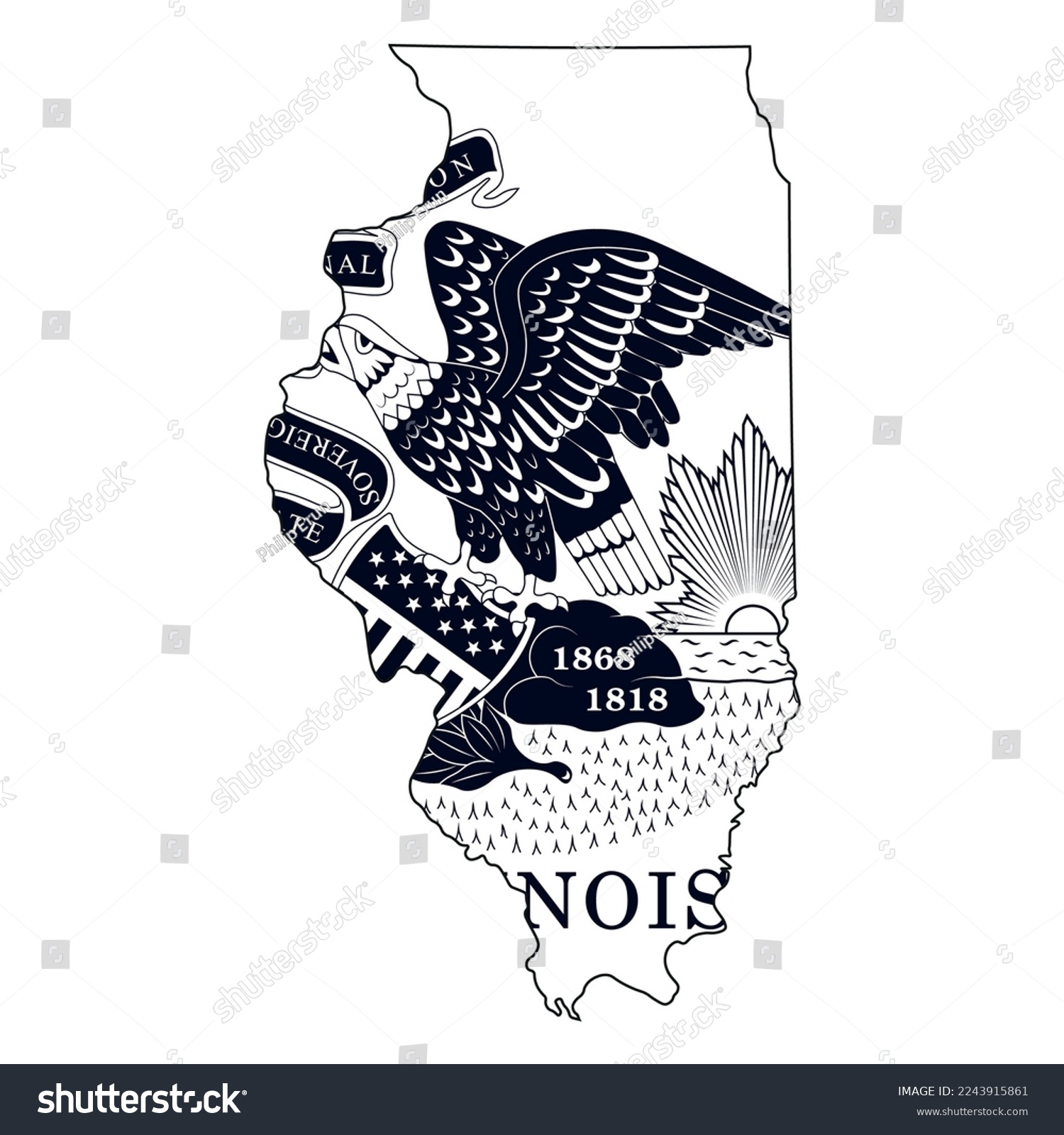 SVG of Map of the Illinois state with the official flag in white and black colors isolated on white background. Vector illustration svg