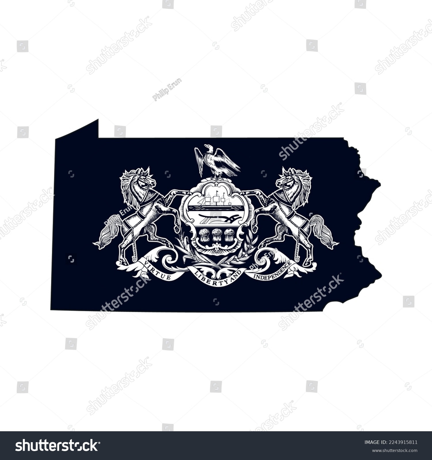 SVG of Map of the Pennsylvania state with the official flag in white and black colors isolated on white background. Vector illustration svg