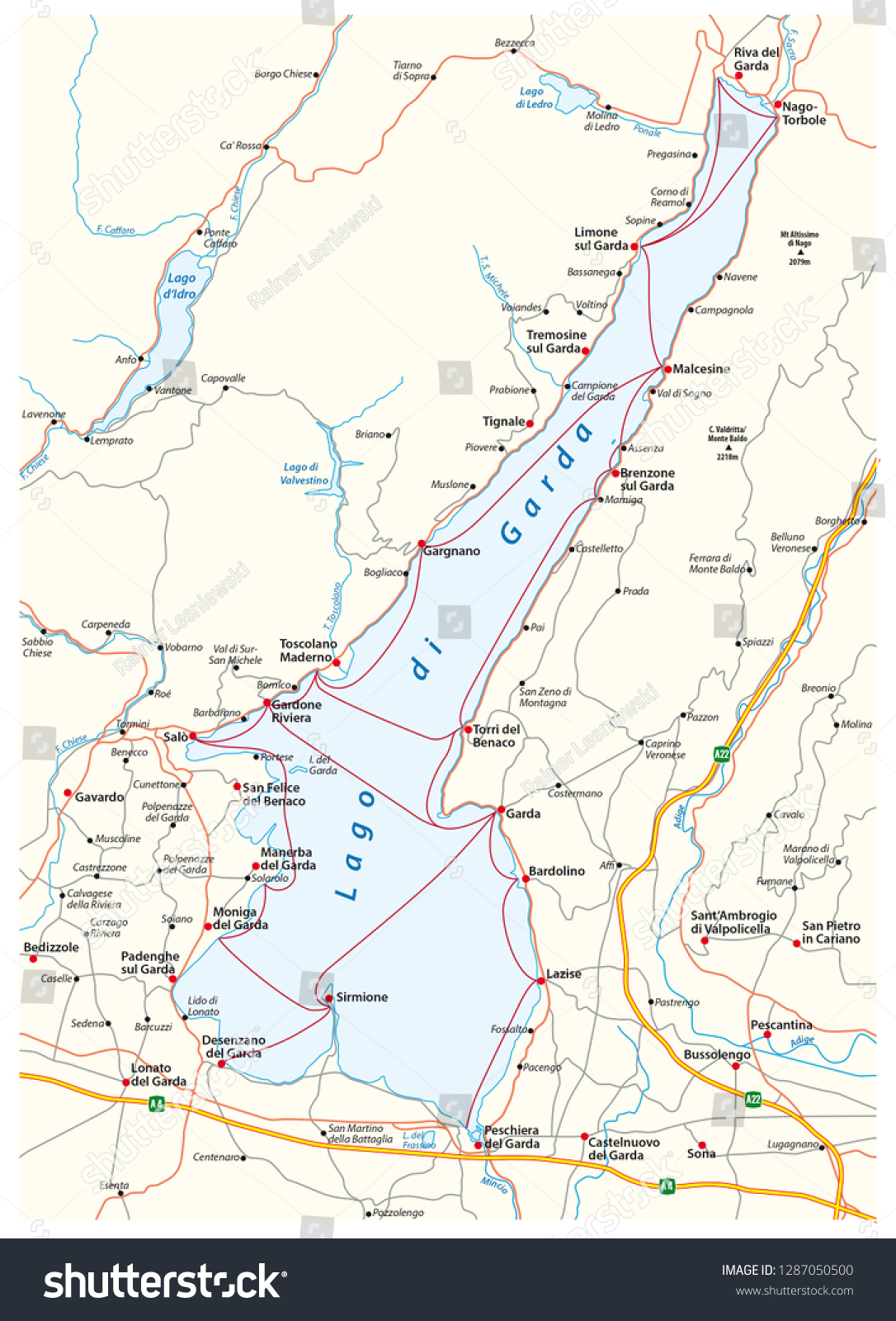 SVG of map of the upper Italian Lake Garda, Italy svg