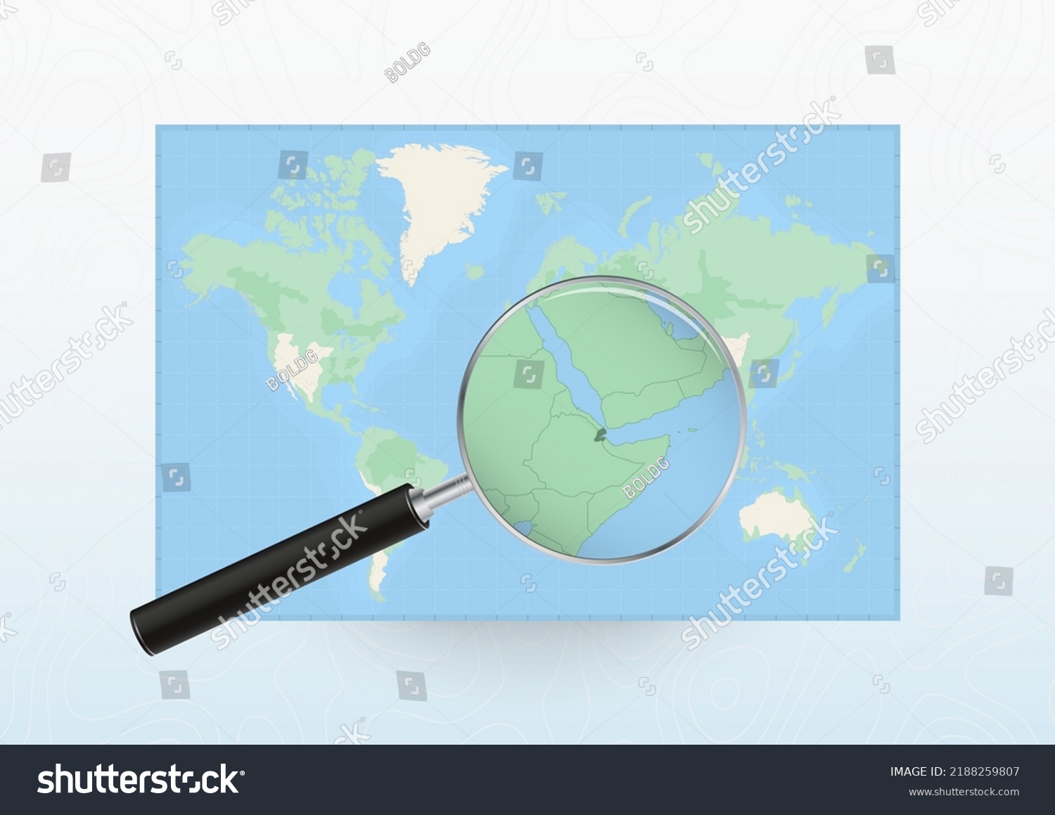 SVG of Map of the World with a magnifying glass aimed at Djibouti, searching Djibouti with loupe. Vector map. svg